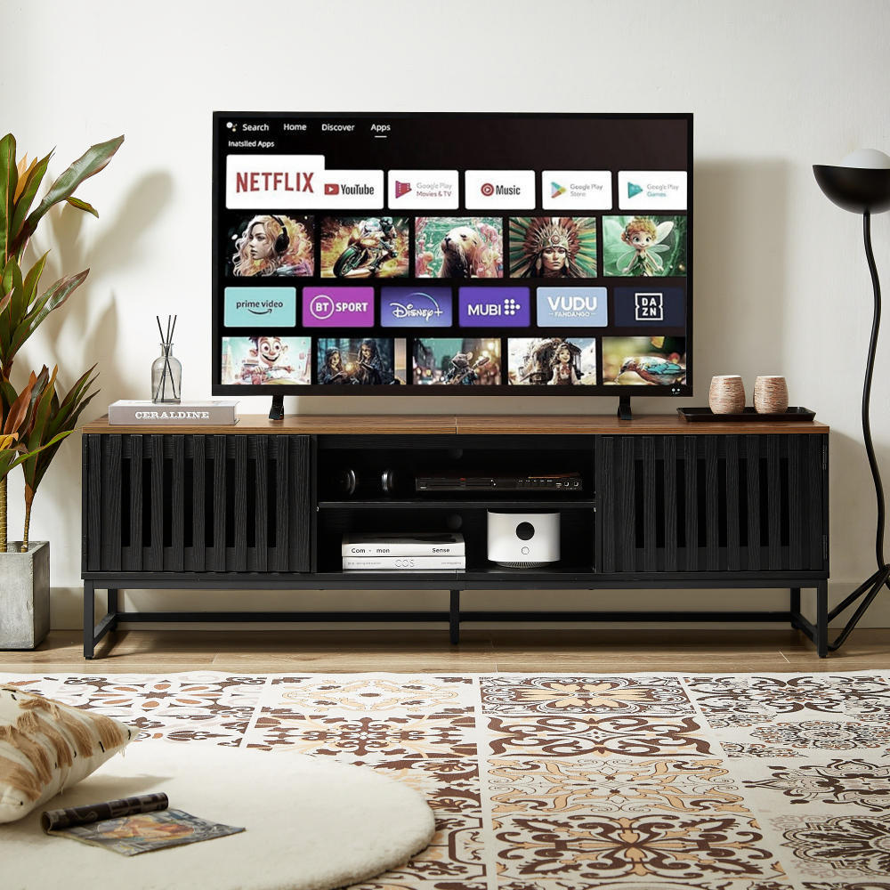 Black TV Stand, 63 in Wide, Mid-Century