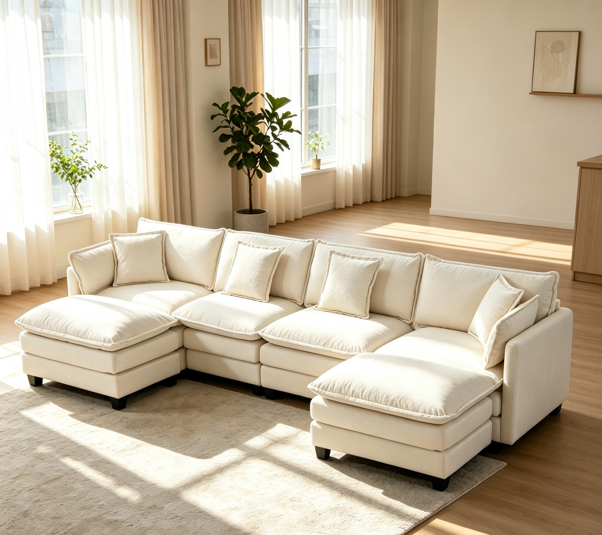 White Chenille Modular Sectional Couch with 2 Ottomans, 149.6 in Wide
