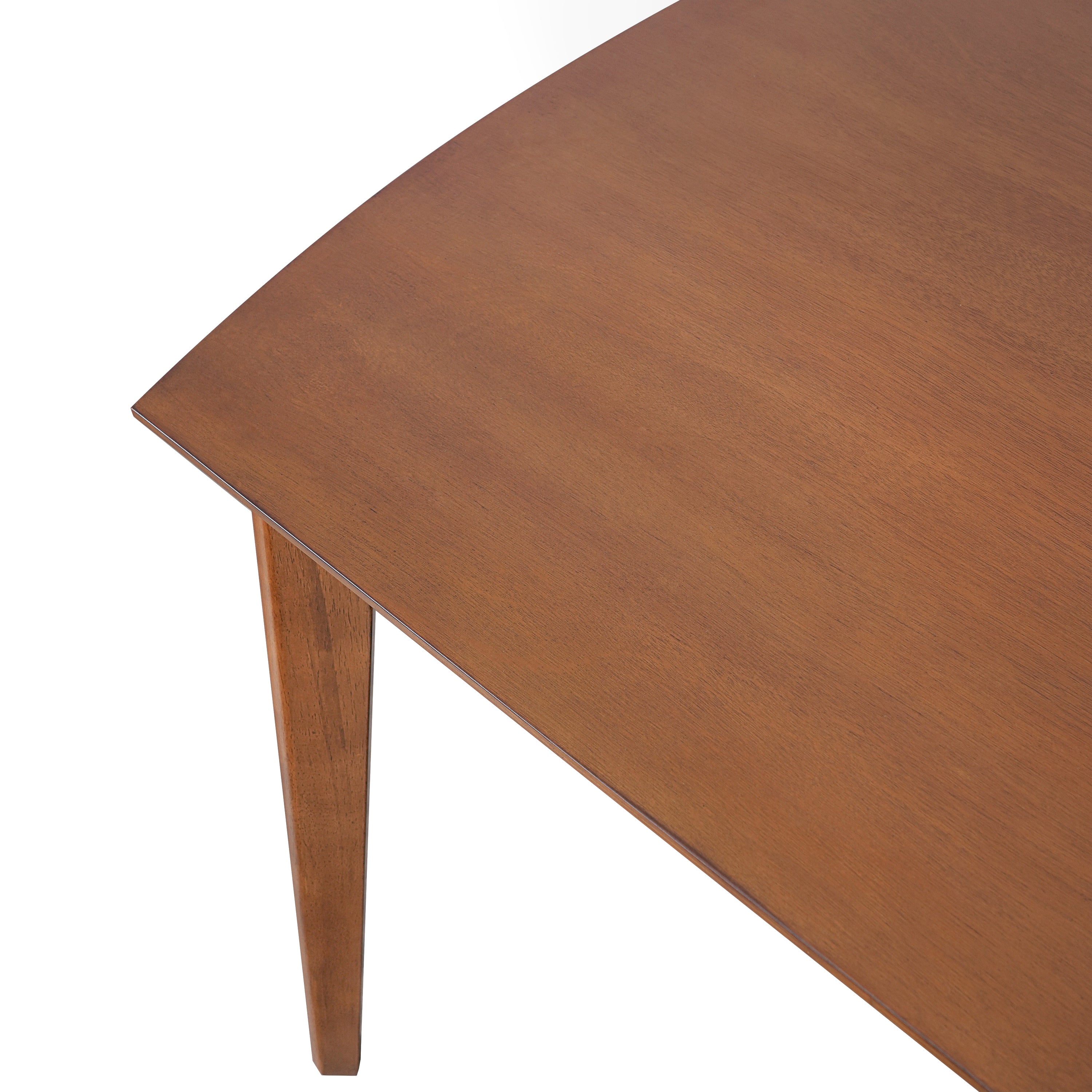 Close-up of the curved end edge and tapered leg on the brown mid-century dining table, white background