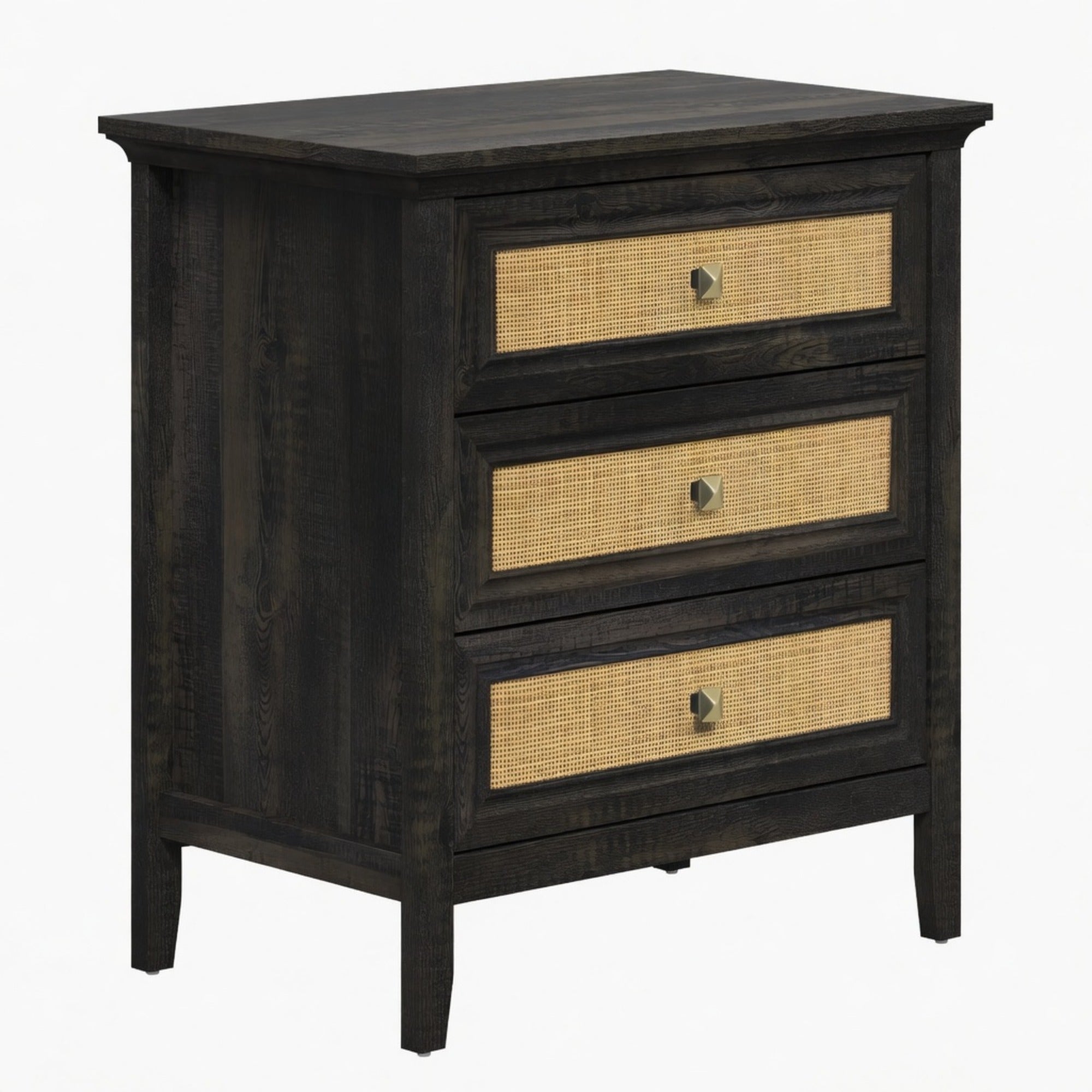 Rattan Nightstand with 3 Drawers, Tall Bedside Table