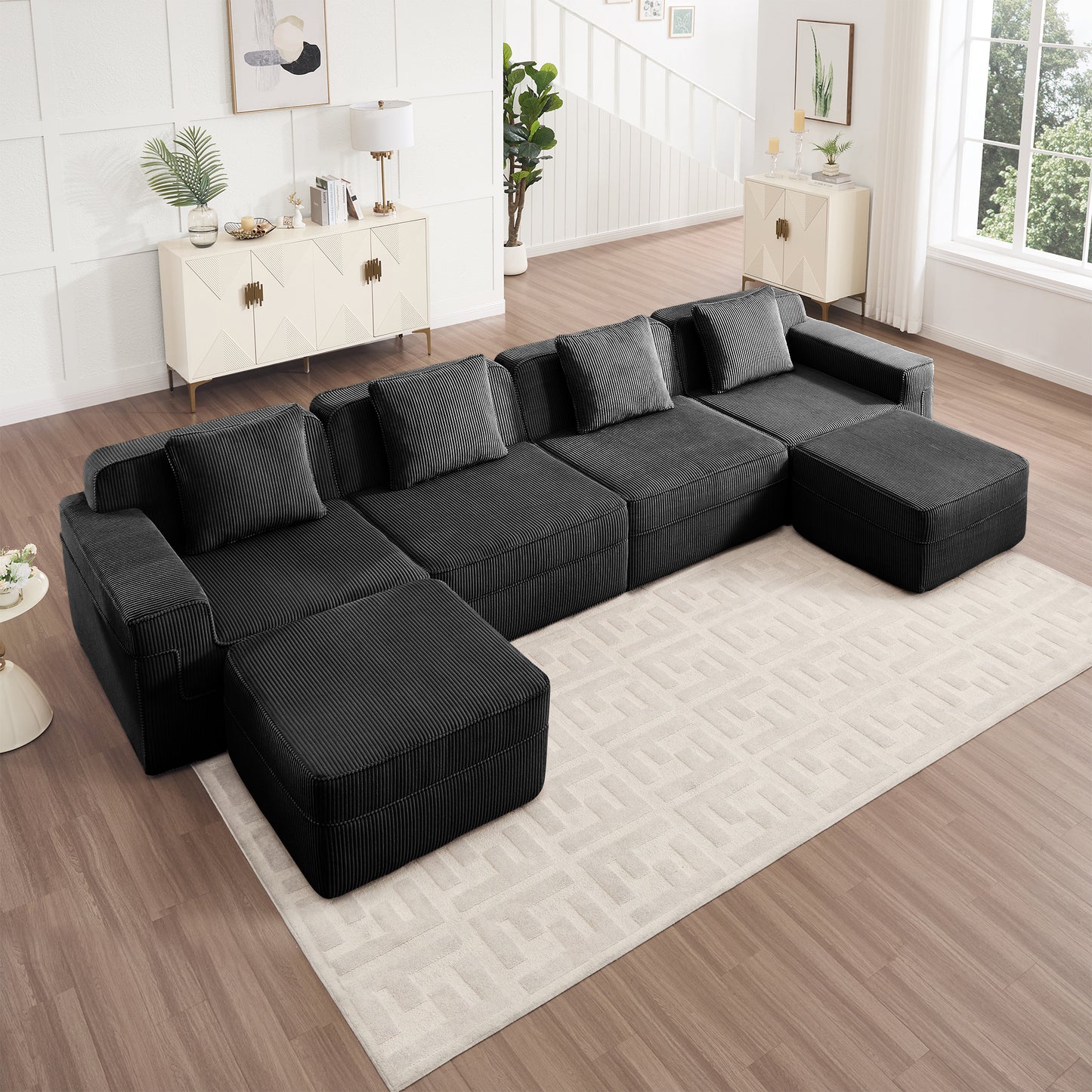 Boneless Couch – 4 Seater with 2 Ottomans, Black