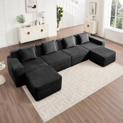 Boneless Couch – 4 Seater with 2 Ottomans, Black