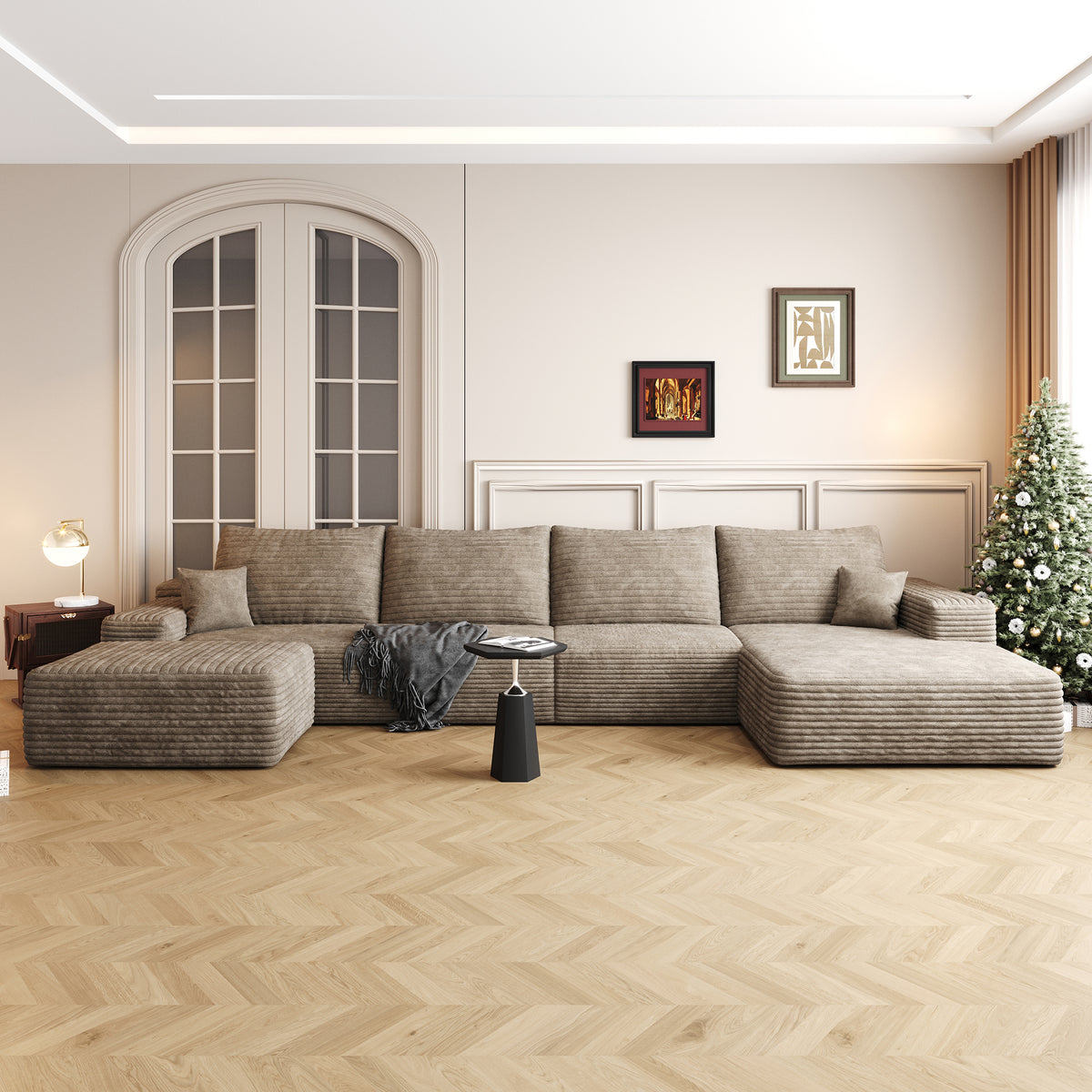 Camel Corduroy U-Shaped Sectional, 135 in Wide, Right-Facing
