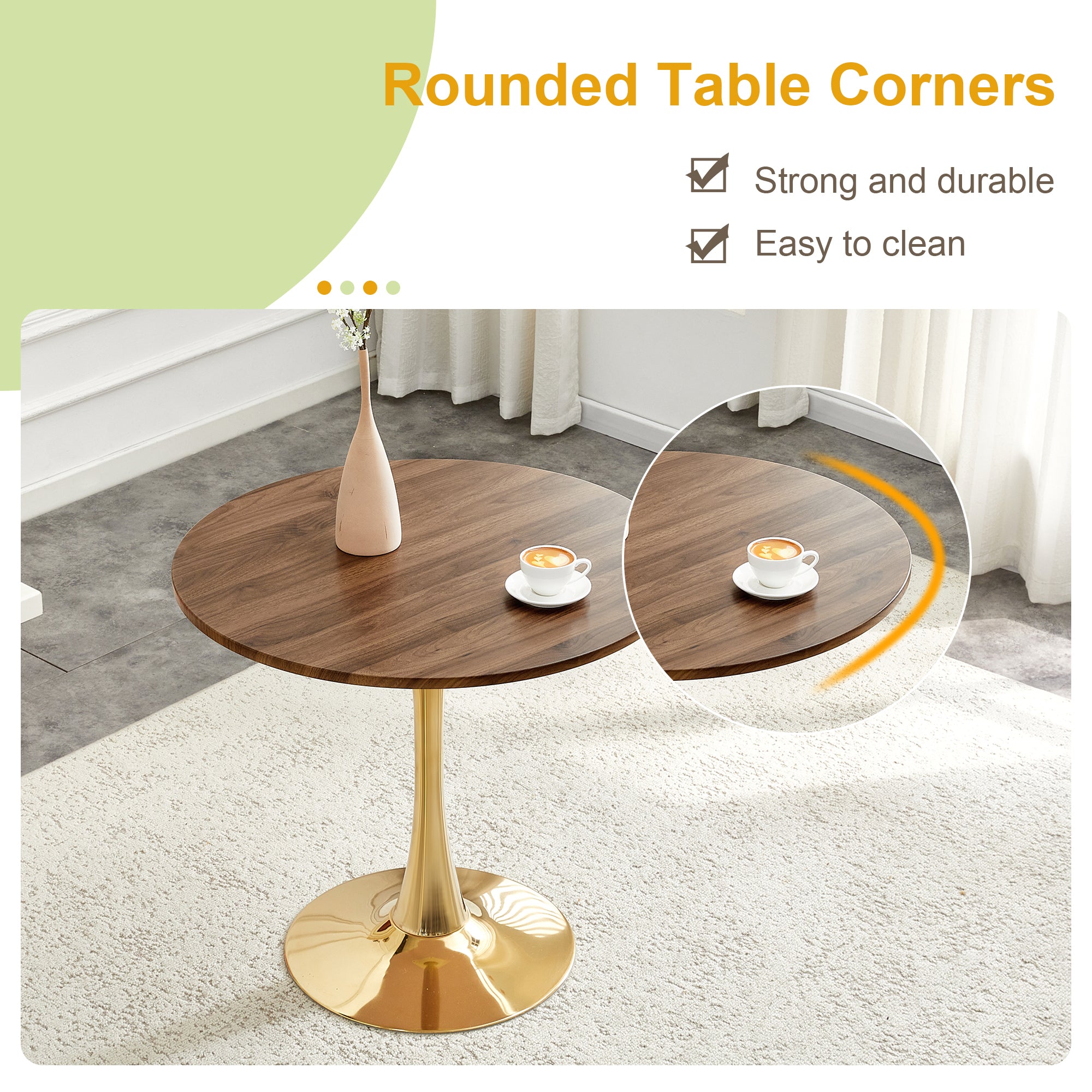 Feature graphic titled rounded table corners with a zoom inset, marked strong and durable and easy to clean