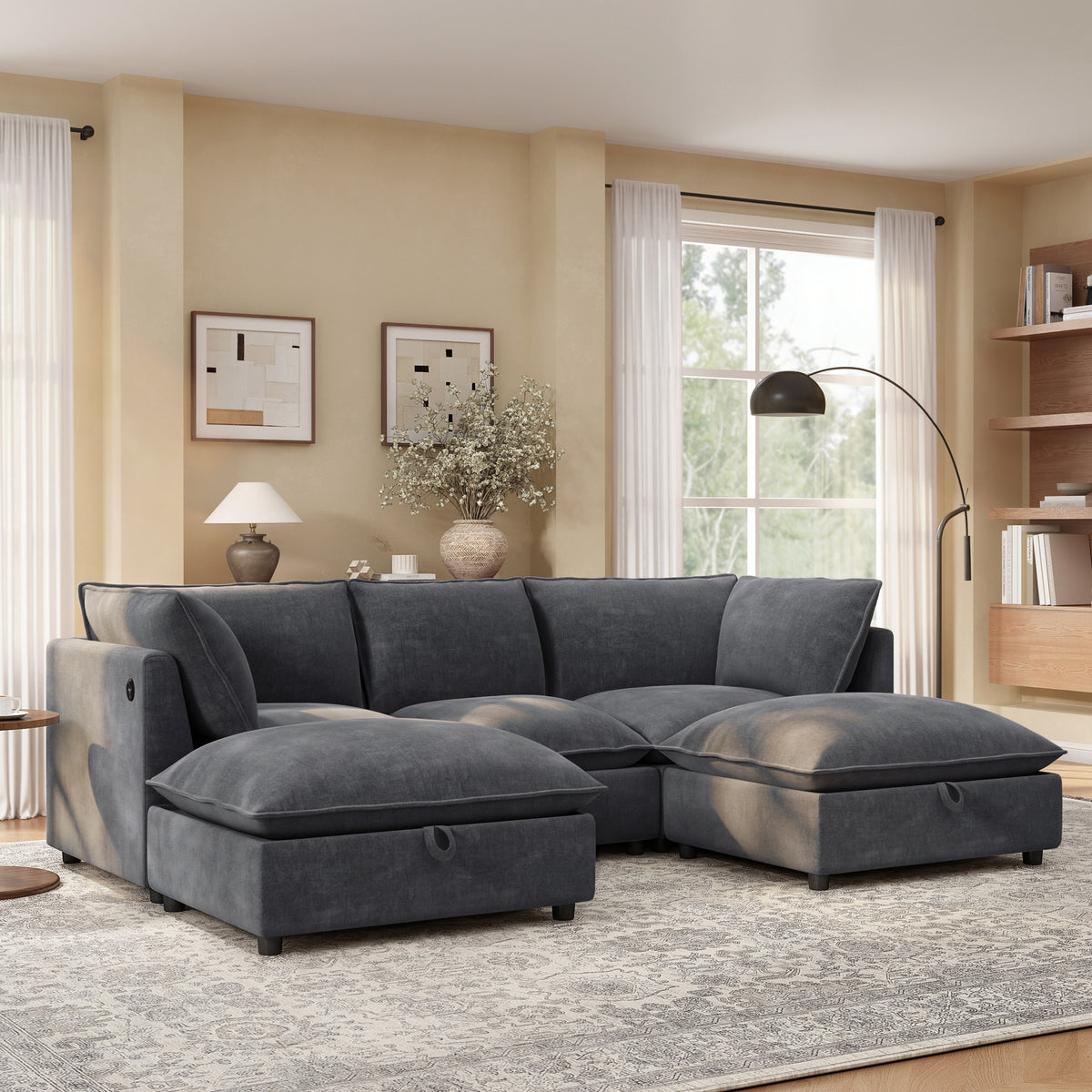 Gray Chenille U-Shaped Modular Sectional with 2 Ottomans, 98 in Wide