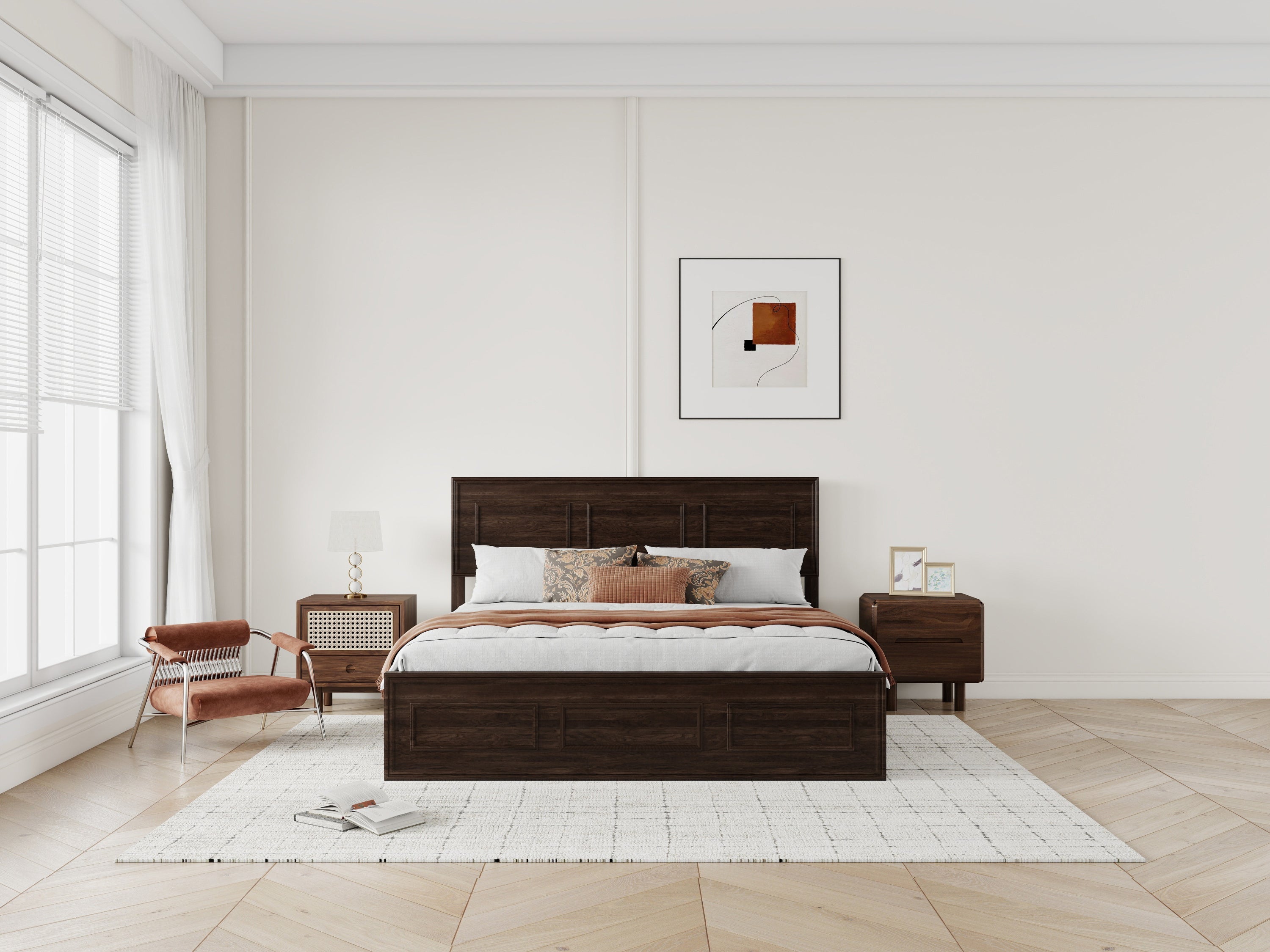 Straight-on wide view of rich brown queen panel bed centered between two nightstands #Color_Rich Brown
