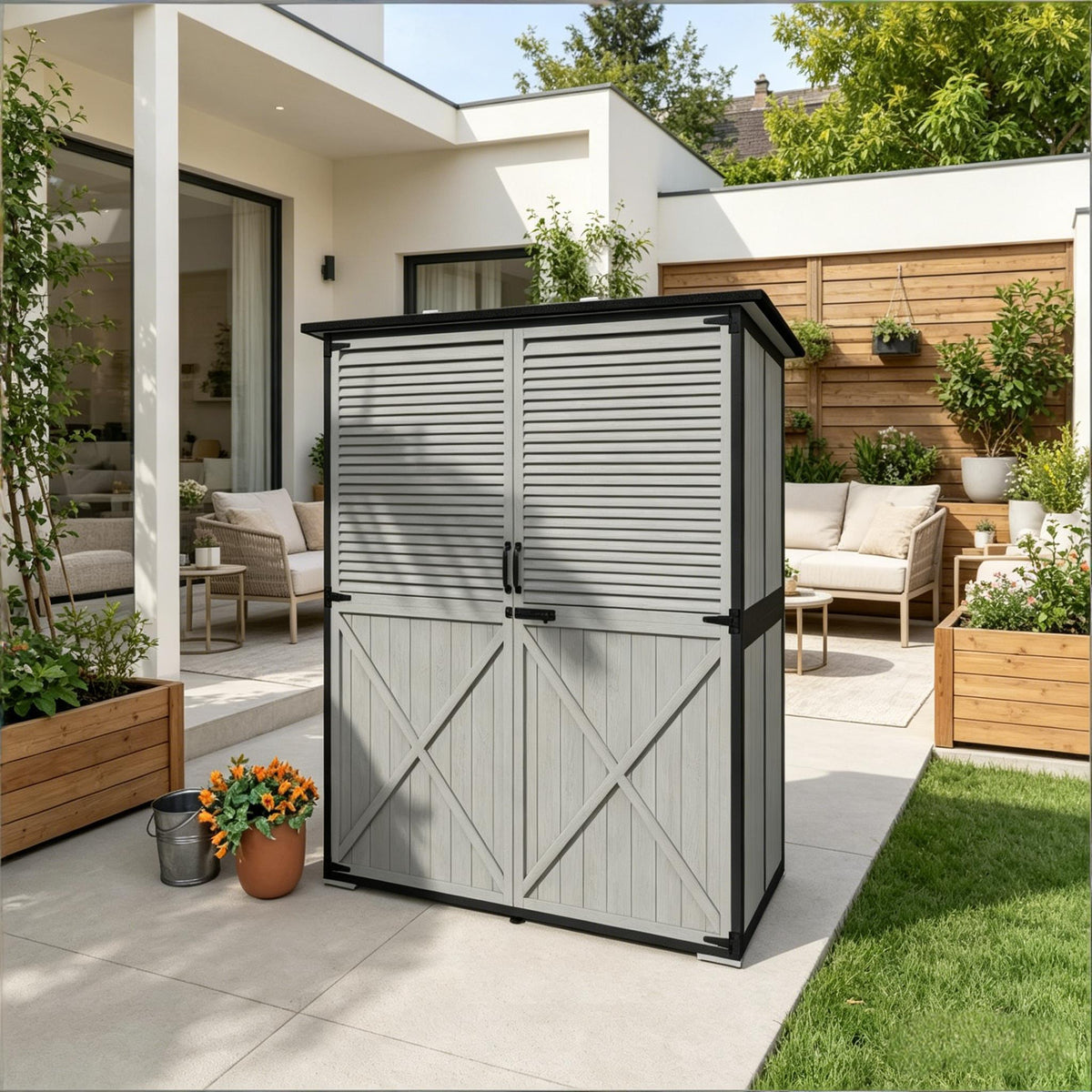 Solid Wood Storage Shed, Black and Gray