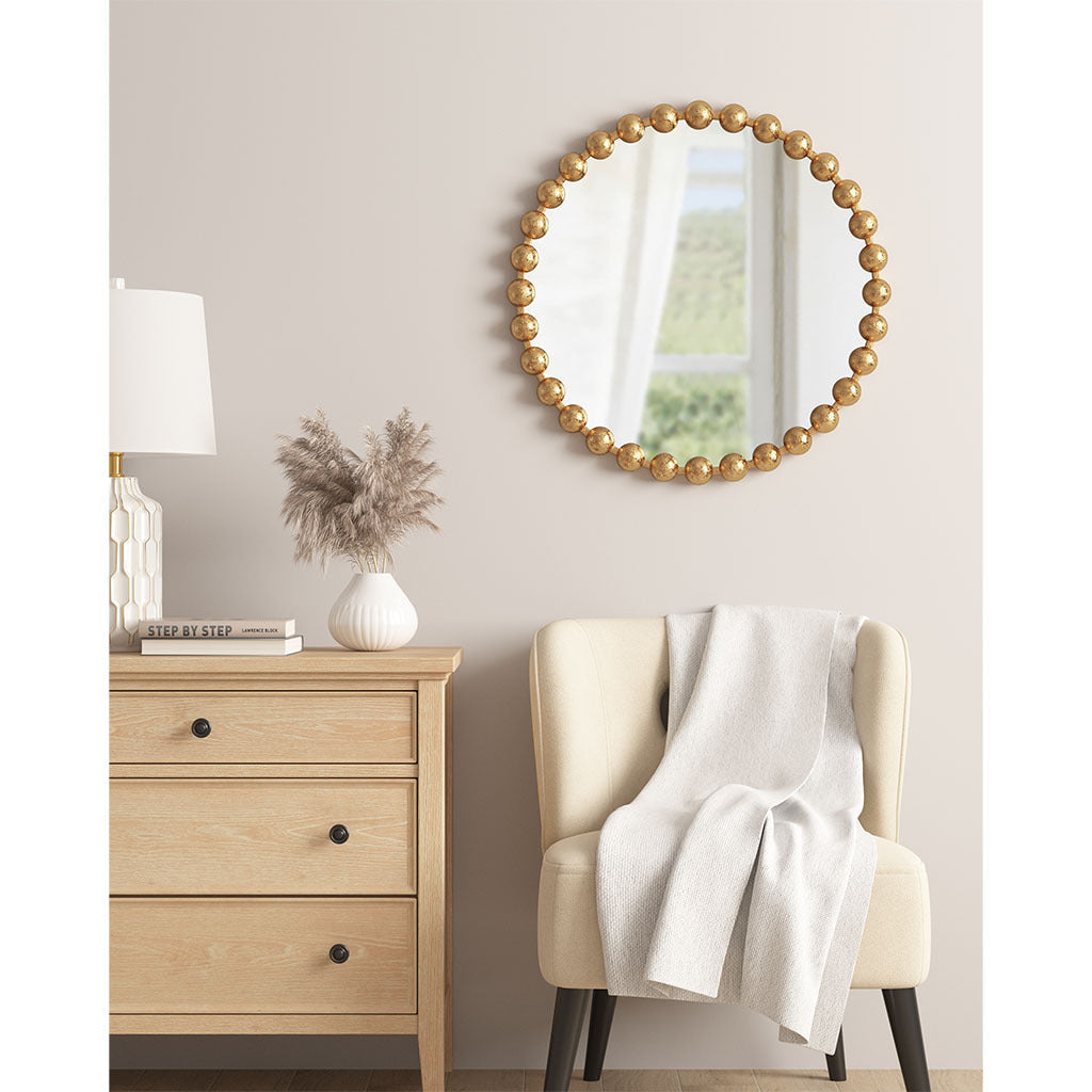 Beaded Round Mirror, 27 Inch Gold