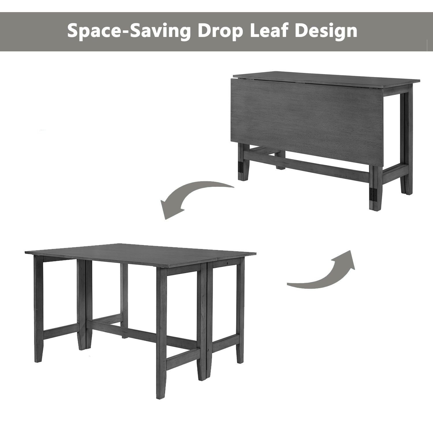 Space-saving drop-leaf design graphic showing the gray table folded and fully extended