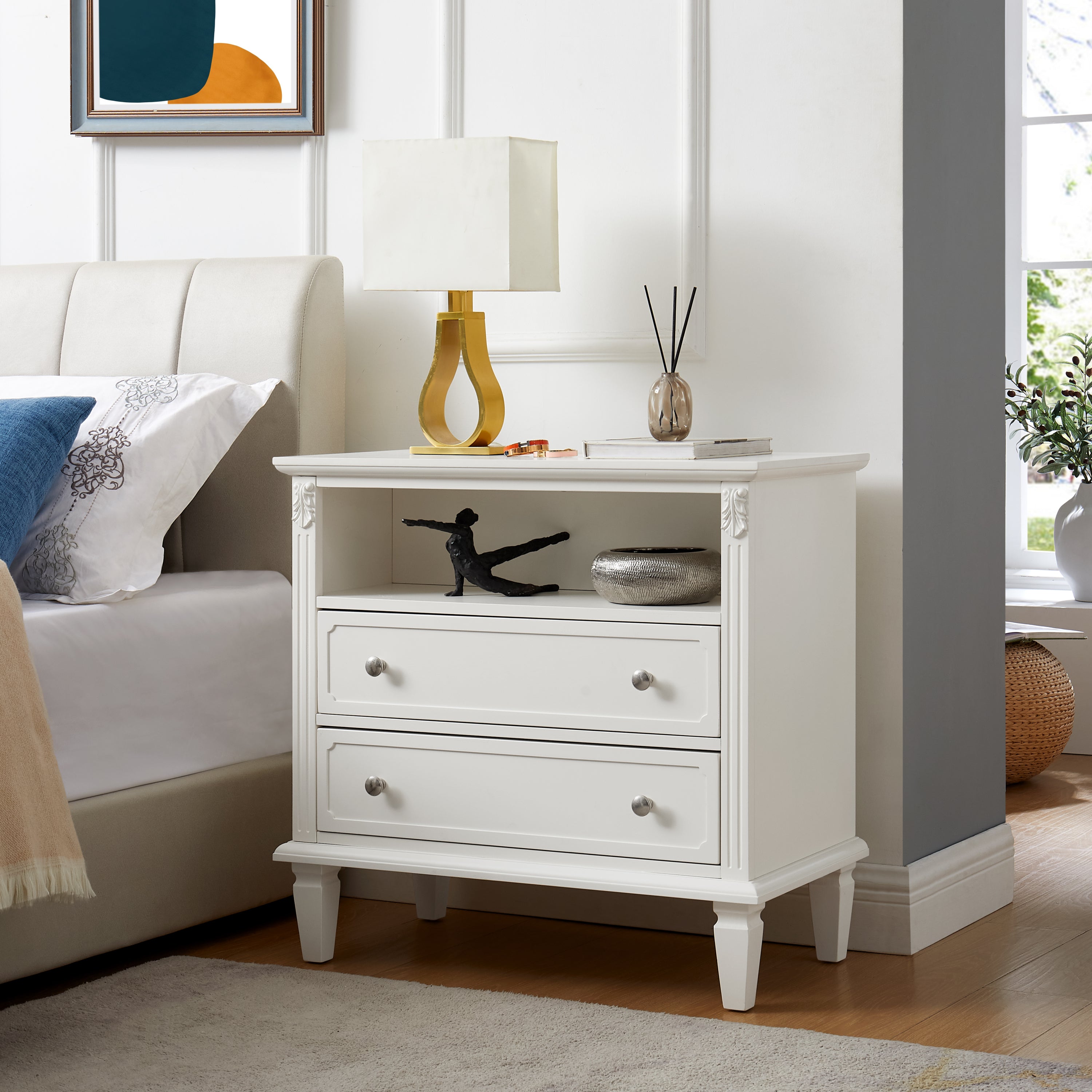 Fluted 2-Drawer Nightstand with Charging Station, White