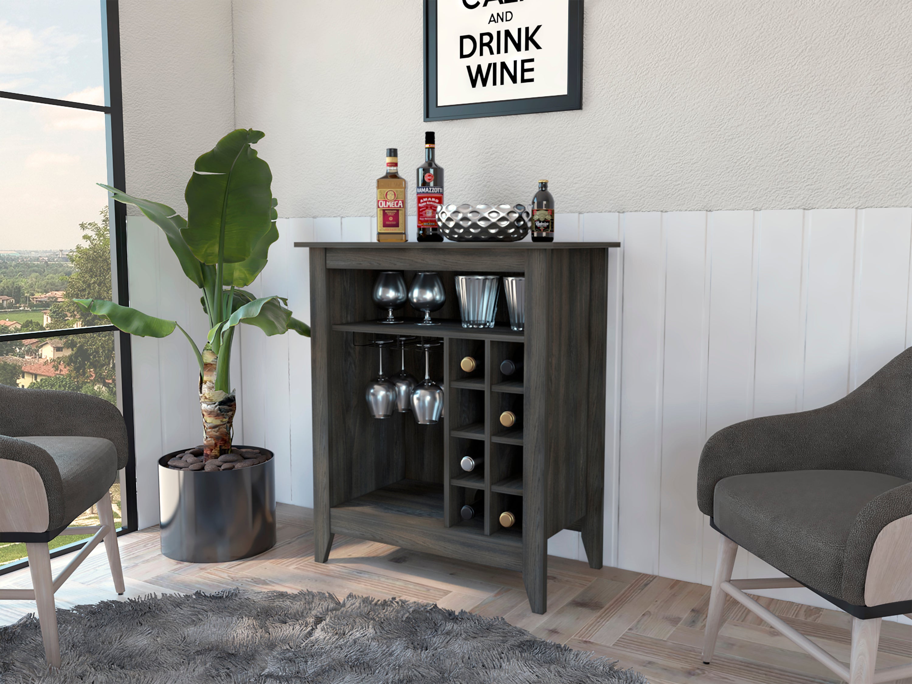 Modern Bar Cabinet, Espresso, 6-Bottle Wine Rack and Glass Holder