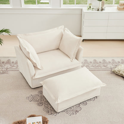 Fluffy Chair 1-Seat Sofa – Cream Chenille with Ottoman, Washable
