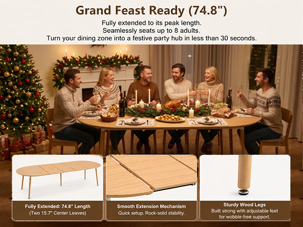 Feature graphic titled Grand Feast Ready showing the 74.8 inch extended table at a holiday party
