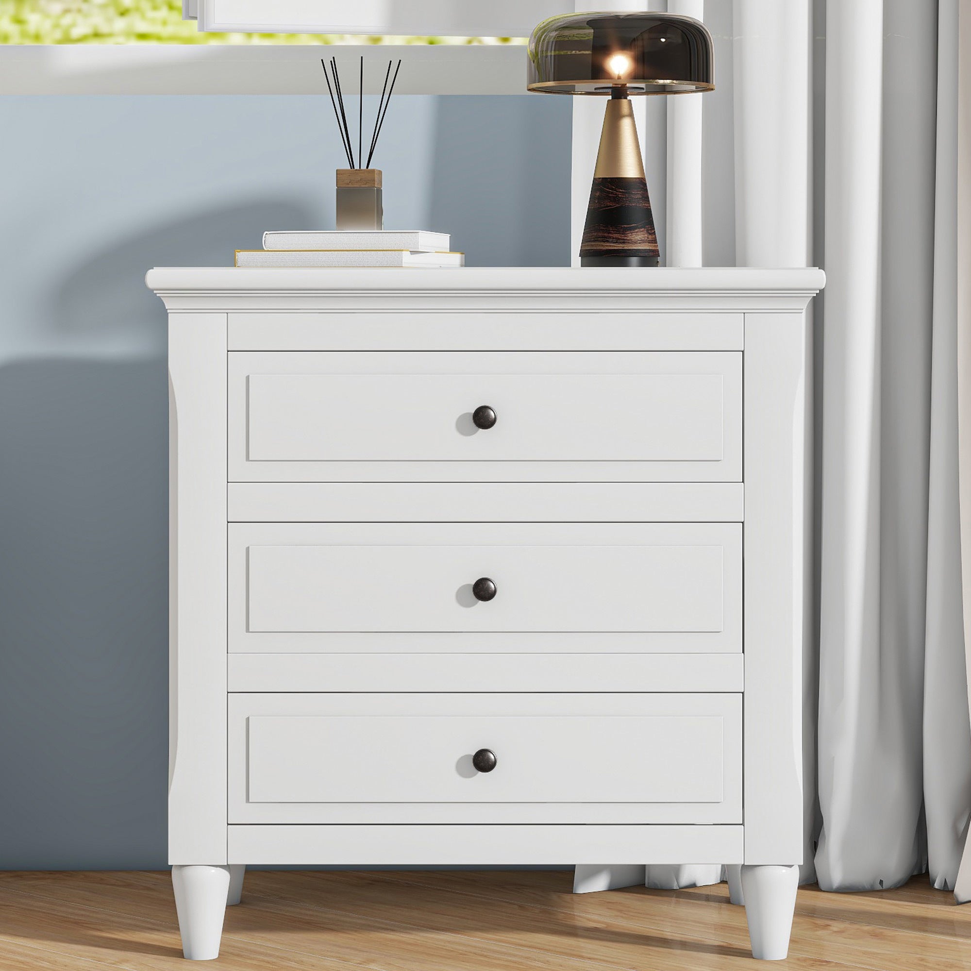 3 Drawer Nightstand with Tapered Legs, 28in Tall, White