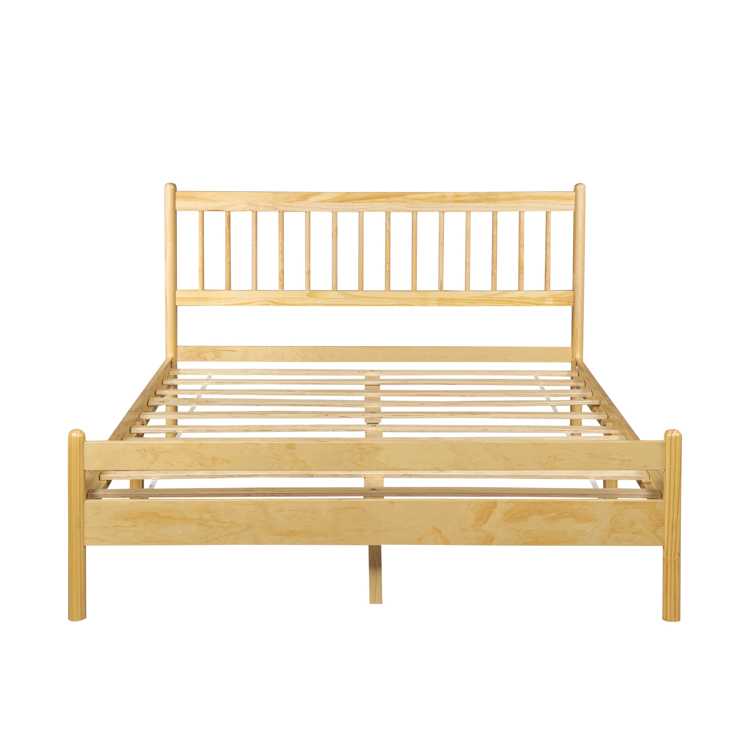 Front view of the empty natural pine bed frame with slats and spindle headboard #Color_Natural