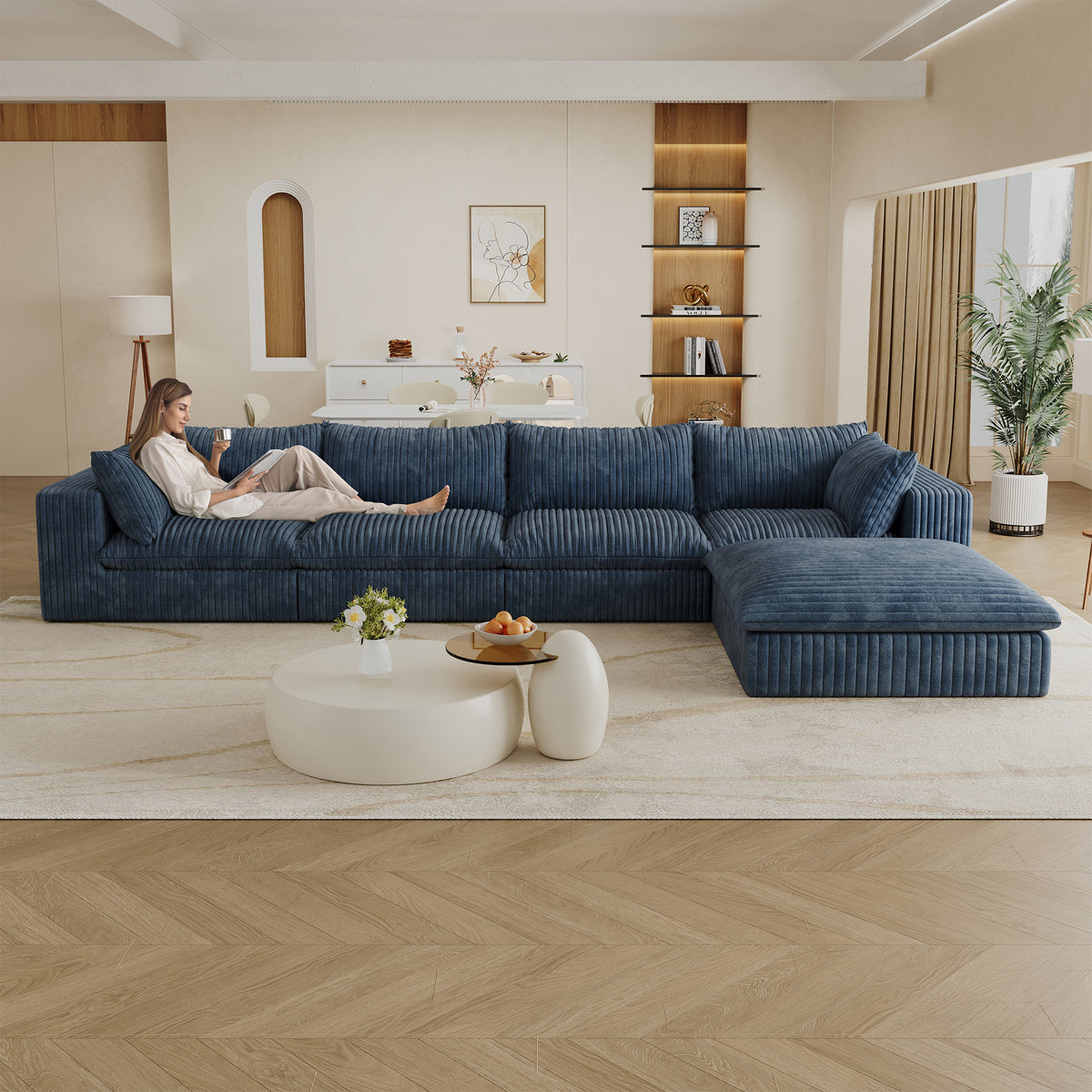Blue Corduroy Modular 5-Seat Couch, No Assembly, 157.6 in Wide