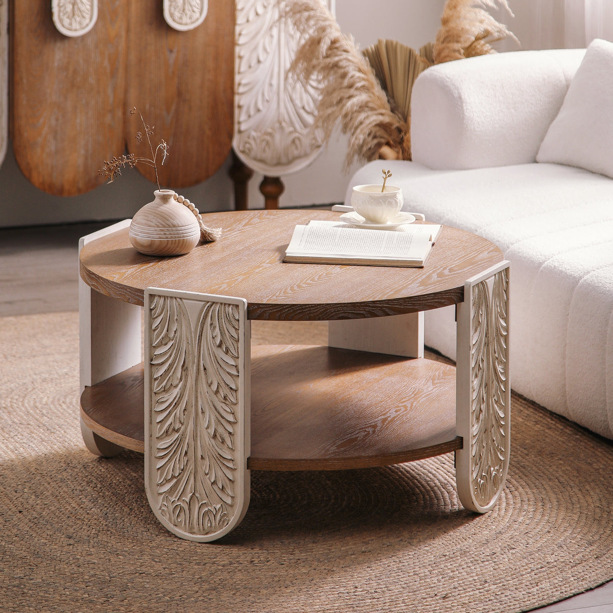 Natural Round Coffee Table with Storage, 31.9 in