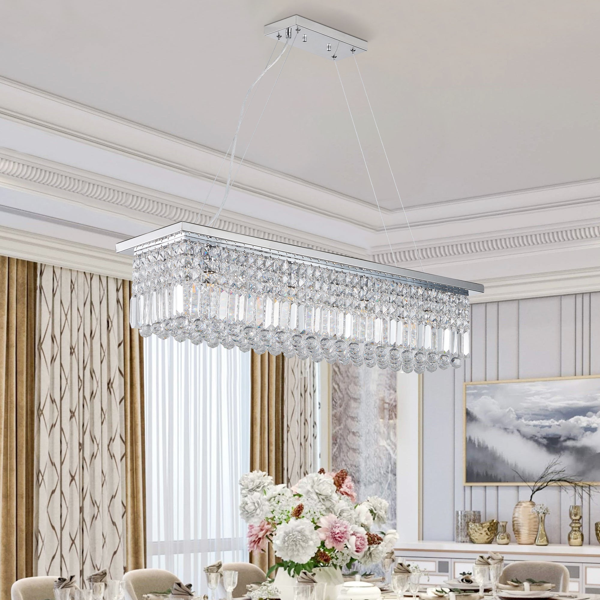 Chandelier, 8-Light Rectangular Raindrop Crystal, Chrome