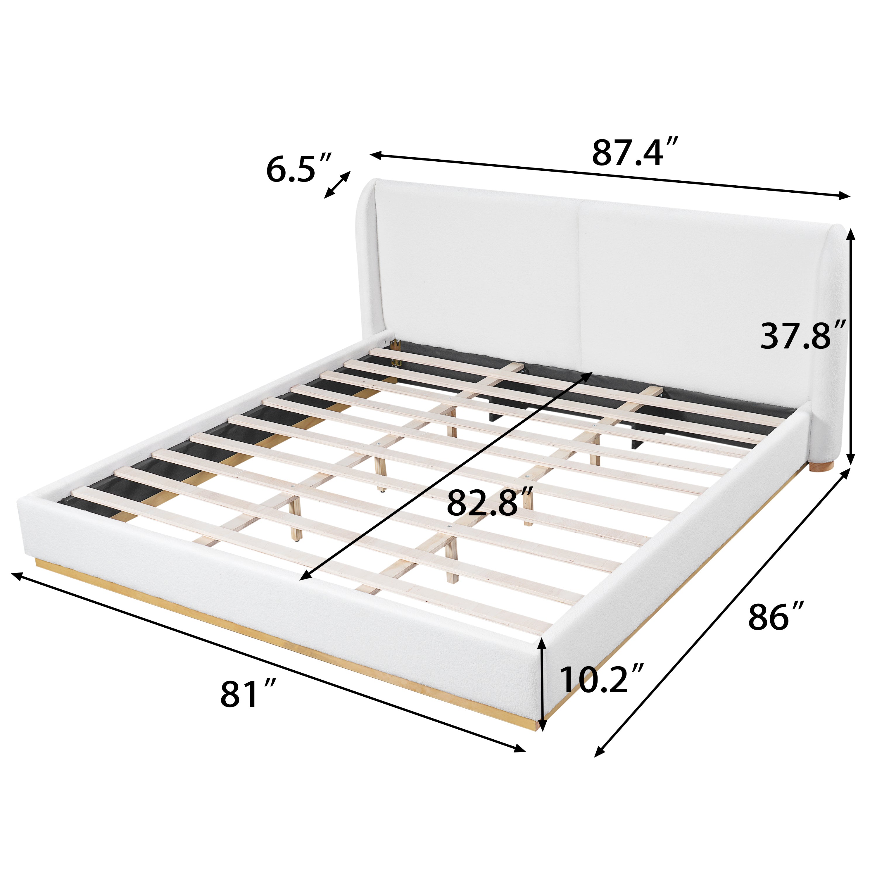Front view of white bouclé winged king bed frame on white background