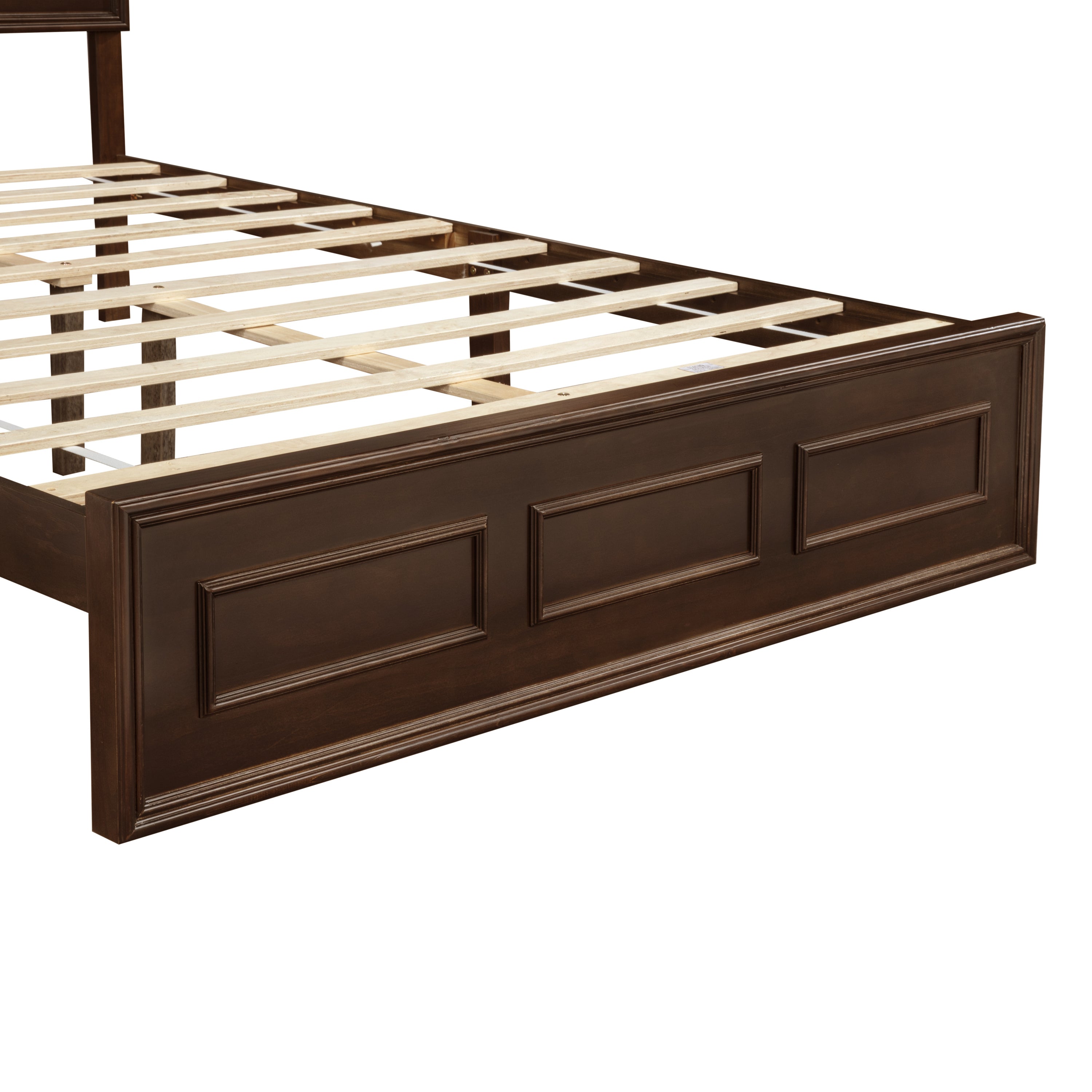Angled view of rich brown queen footboard with recessed panels and wood slats #Color_Rich Brown