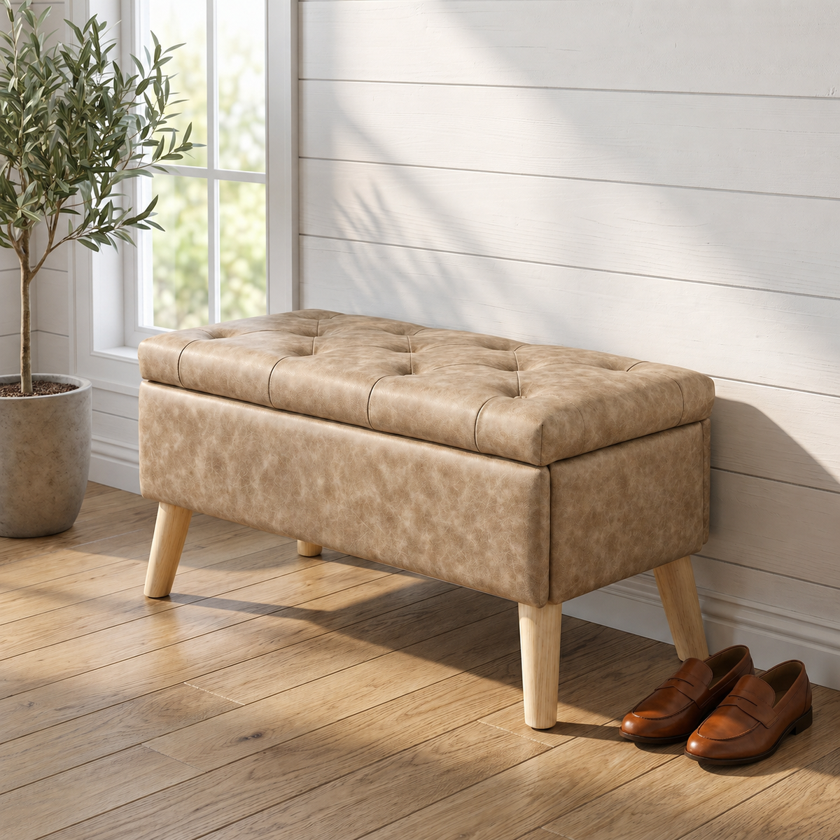 Brown Velvet Storage Ottoman Bench, 32 in