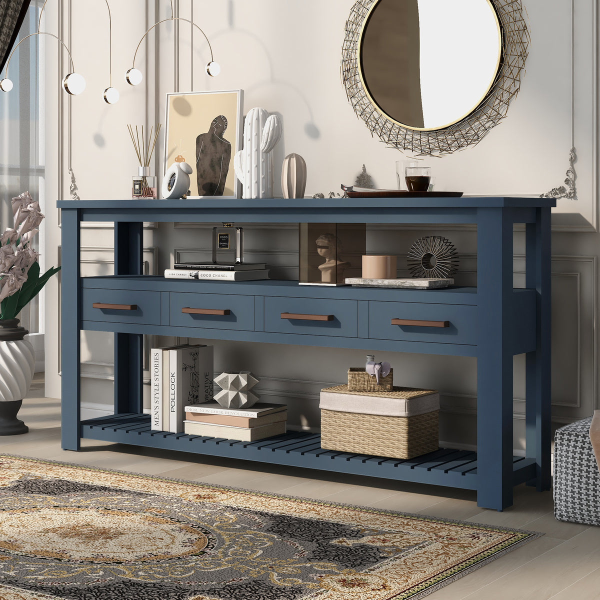 Navy Blue Entryway Console Table, 4 Drawers, 61.5 in Wide