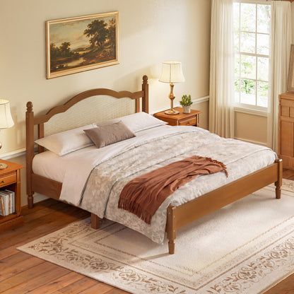 Walnut king bed frame with cane headboard in a light wood bedroom