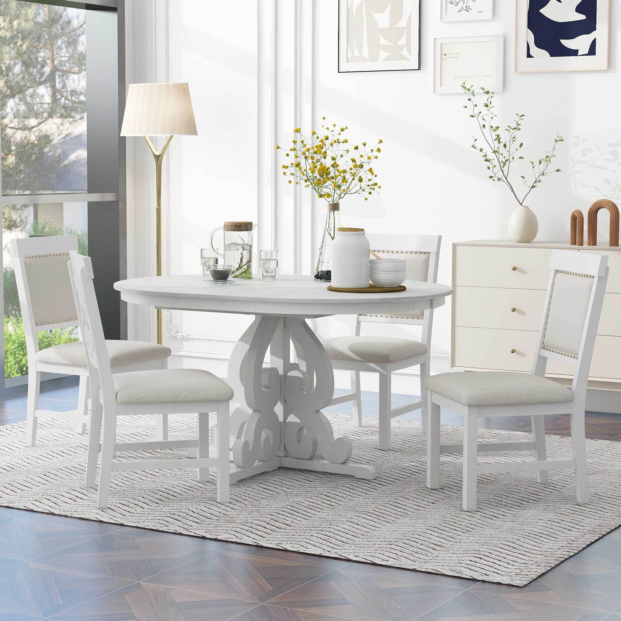 5-Piece Extendable Dining Set, Round-to-Oval Table, 4 Chairs, White