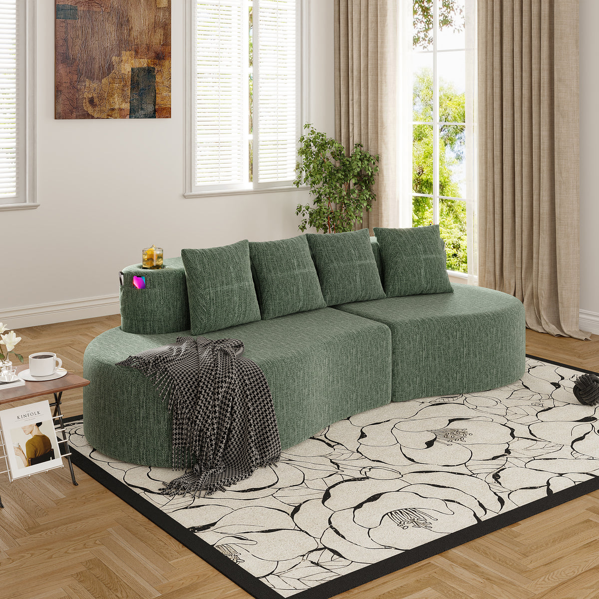 Green Chenille Modular Sectional Couch, No Assembly, 94.5 in Wide