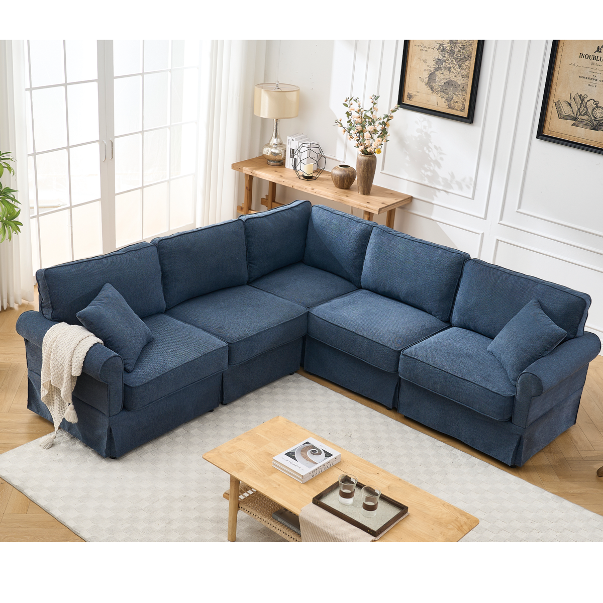 Blue L-Shaped Modular Sectional Couch, 94 in Wide