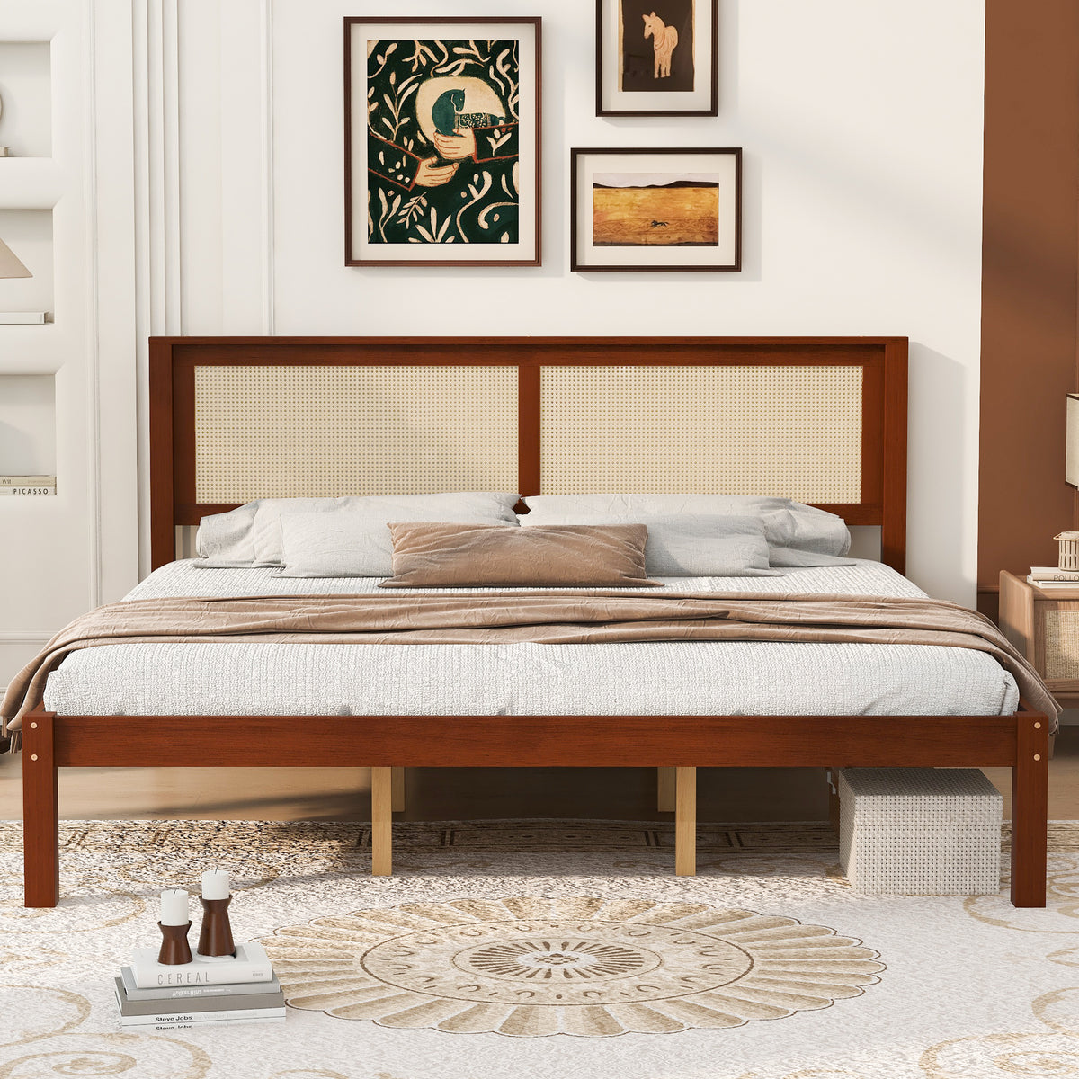 Farmhouse Solid Pine King Bed Frame, Cane Headboard, Walnut