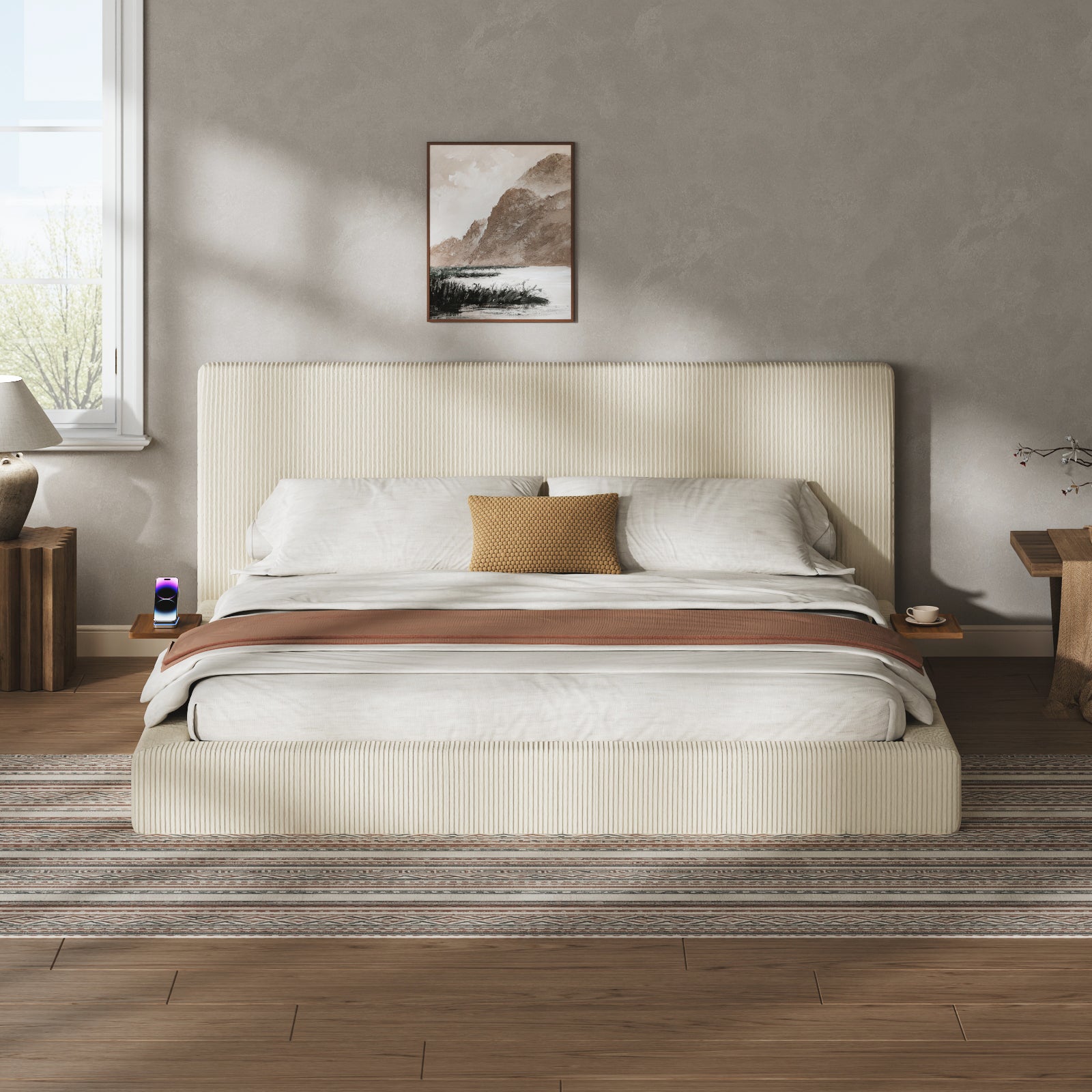 Corduroy Upholstered King Bed Frame with Iron Base, Cream