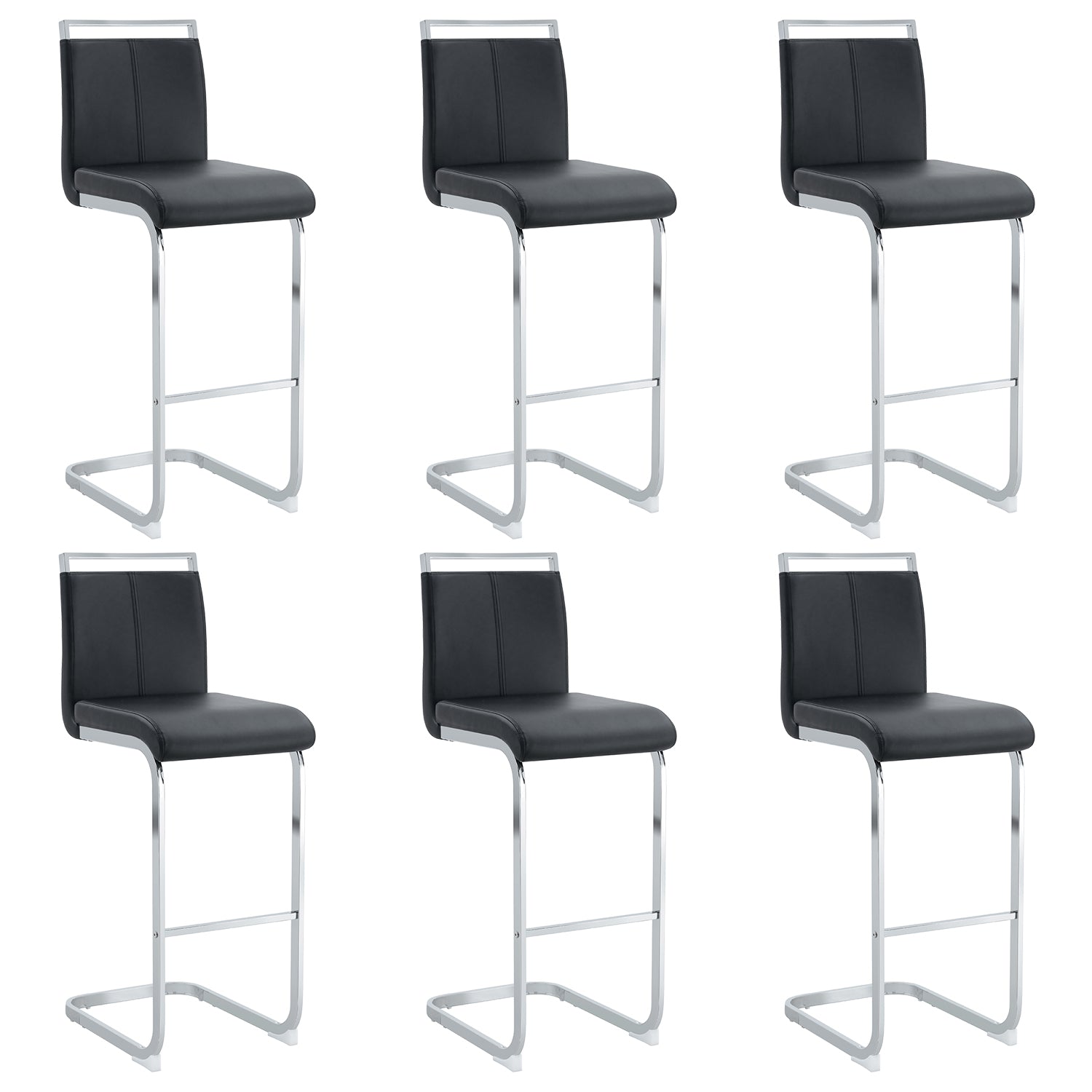 Bar Stools Set of 6, Black Vegan Leather, Chrome Cantilever Legs
