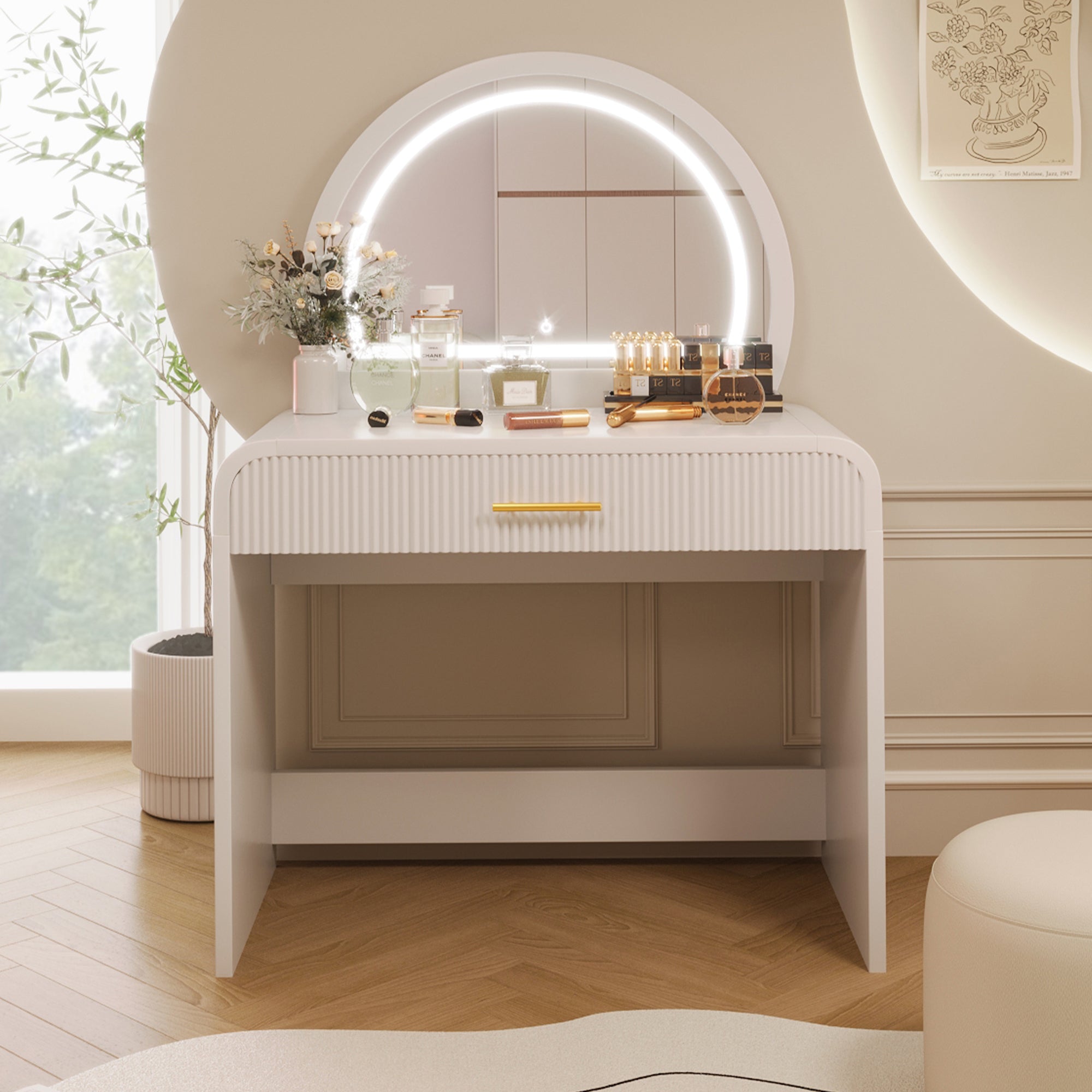39-Inch White Vanity Desk with LED Lighted Mirror and Drawer