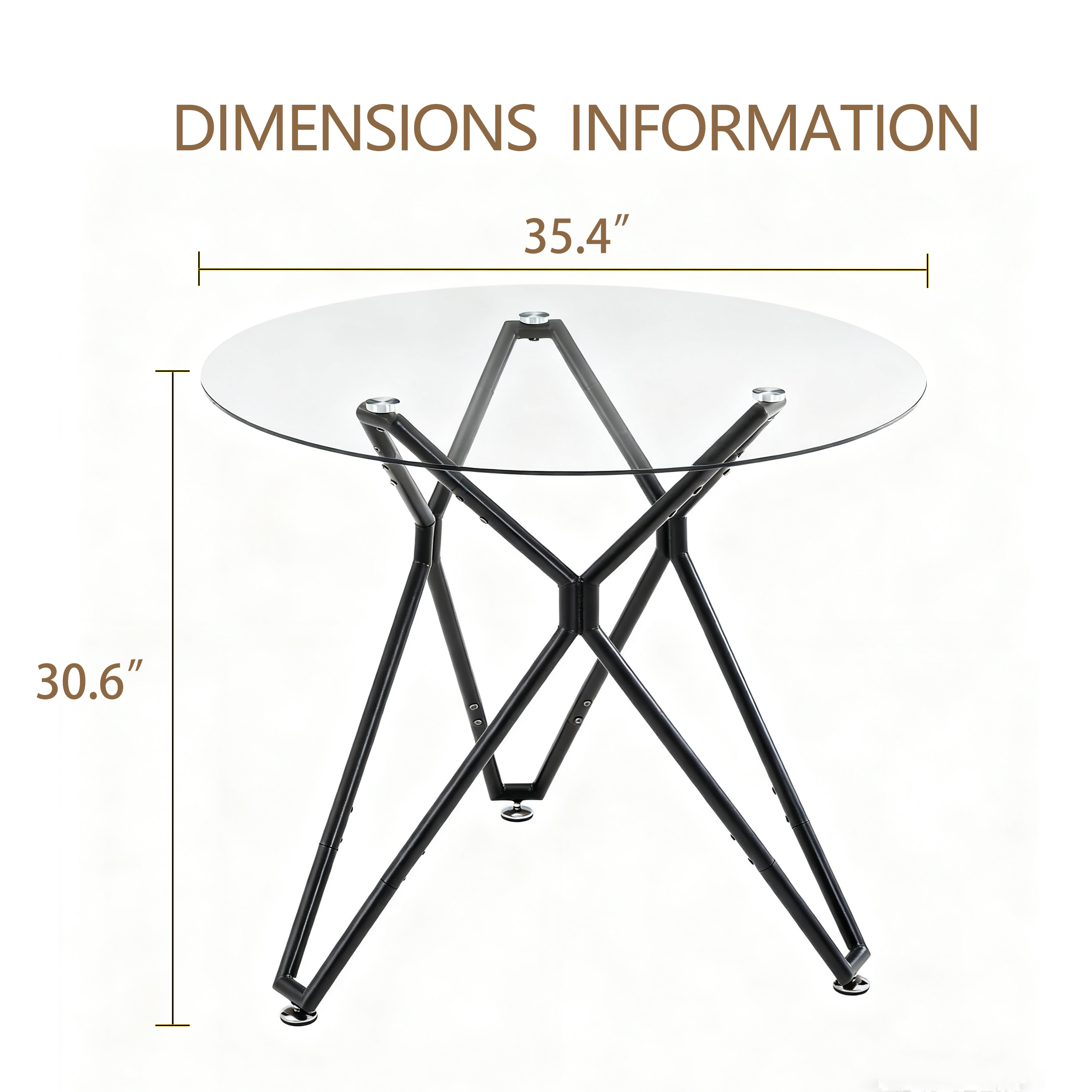 Dimensions diagram of the round glass table showing 35.4 inch diameter and 30.6 inch height