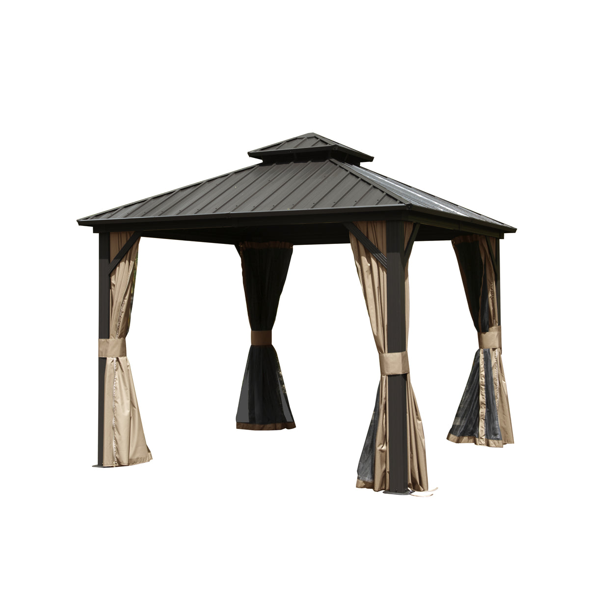 10x10 ft Brown Aluminum Double Roof Hardtop Gazebo with Netting and Curtains
