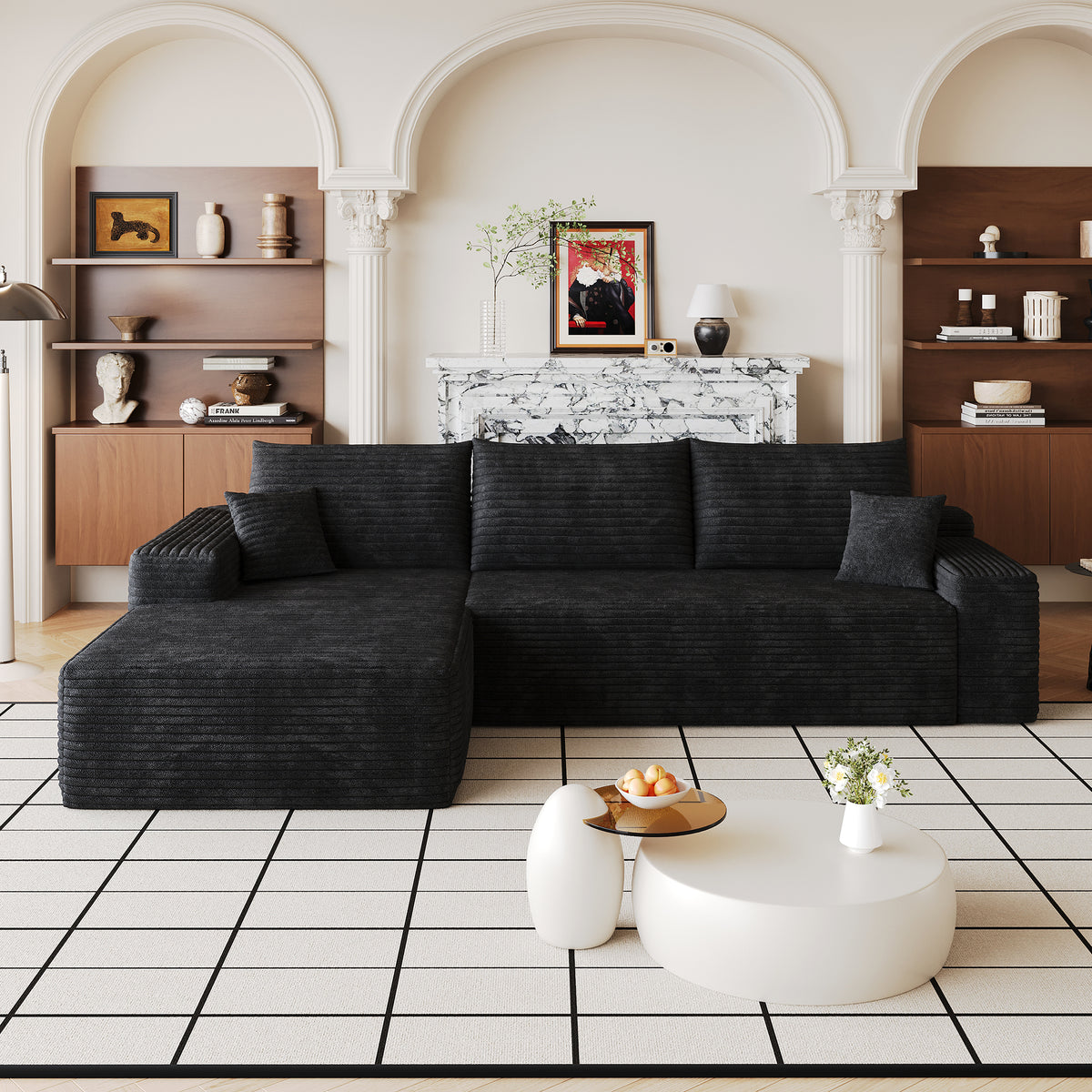 Black Corduroy L-Shaped Modular Sectional, 107 in Wide, Left-Facing
