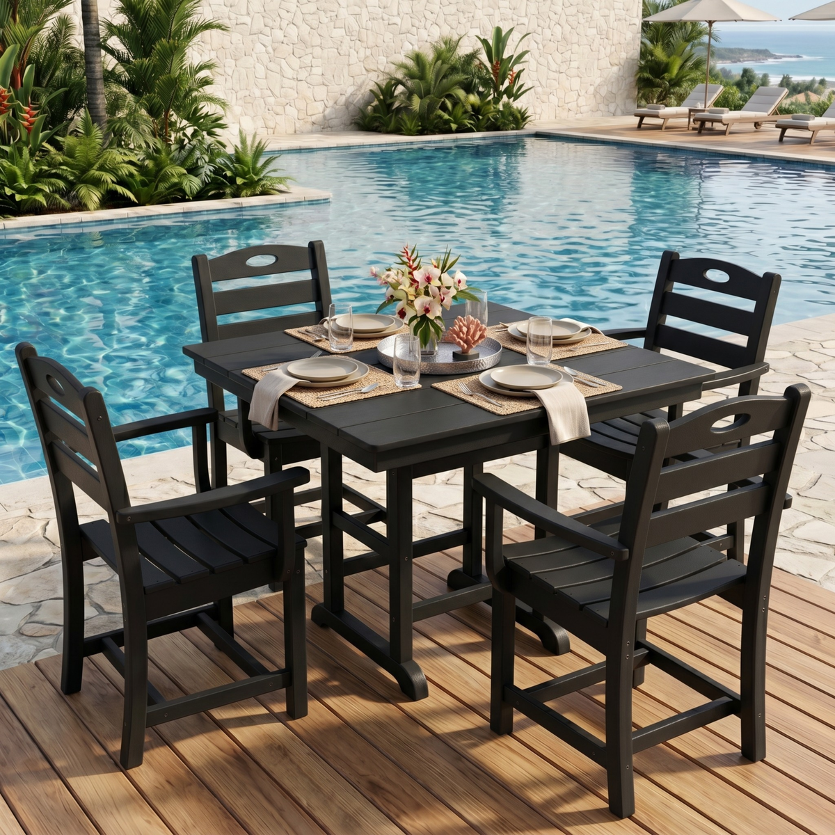 Black HDPE 5-Piece Patio Dining Set for 4 with Umbrella Hole, with Arms