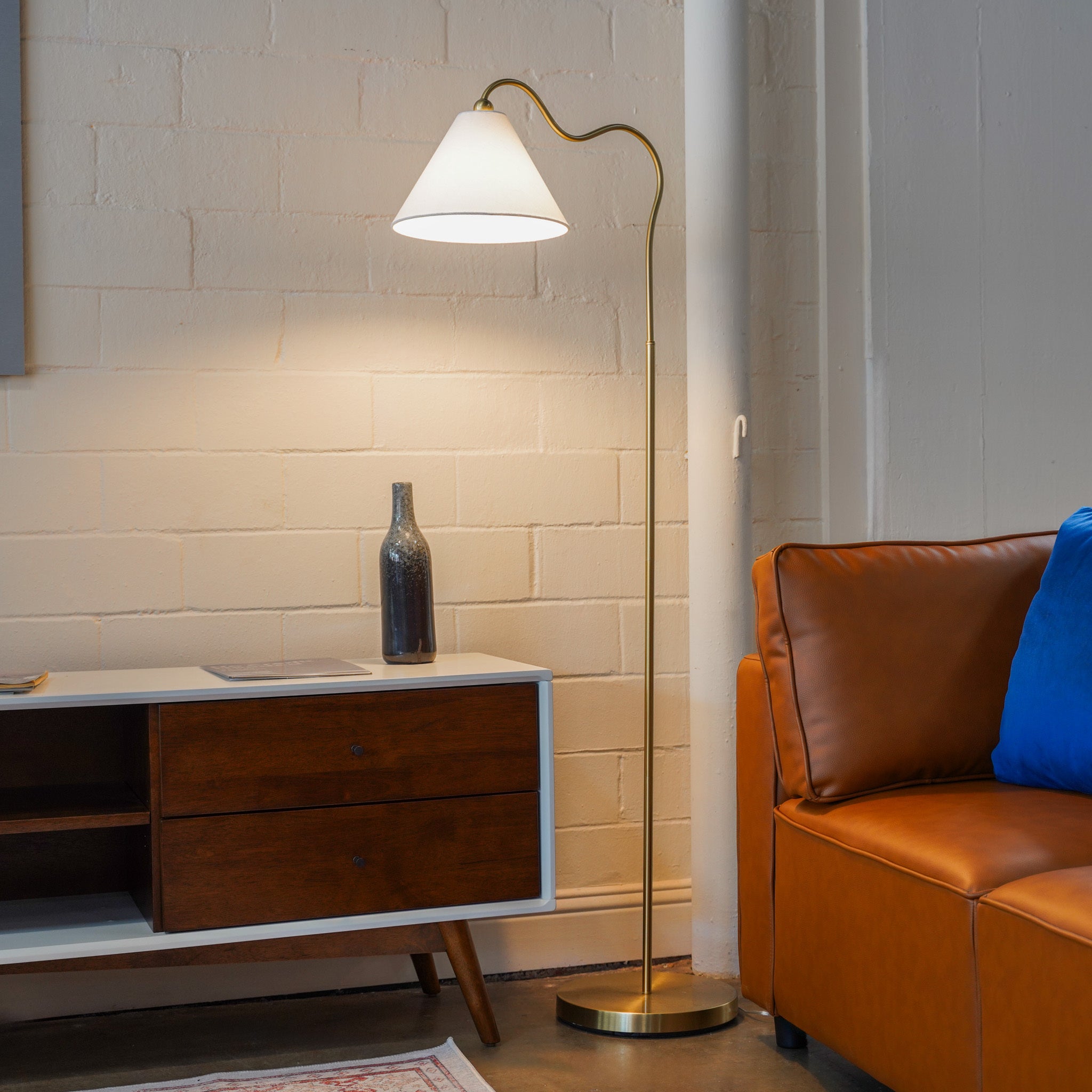 Floor Lamp with Curved Ring Base and Drum Shade, Gold and White