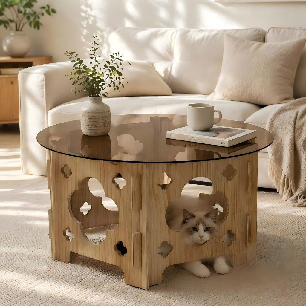 Natural Glass Top Round Coffee Table, 31.1 in