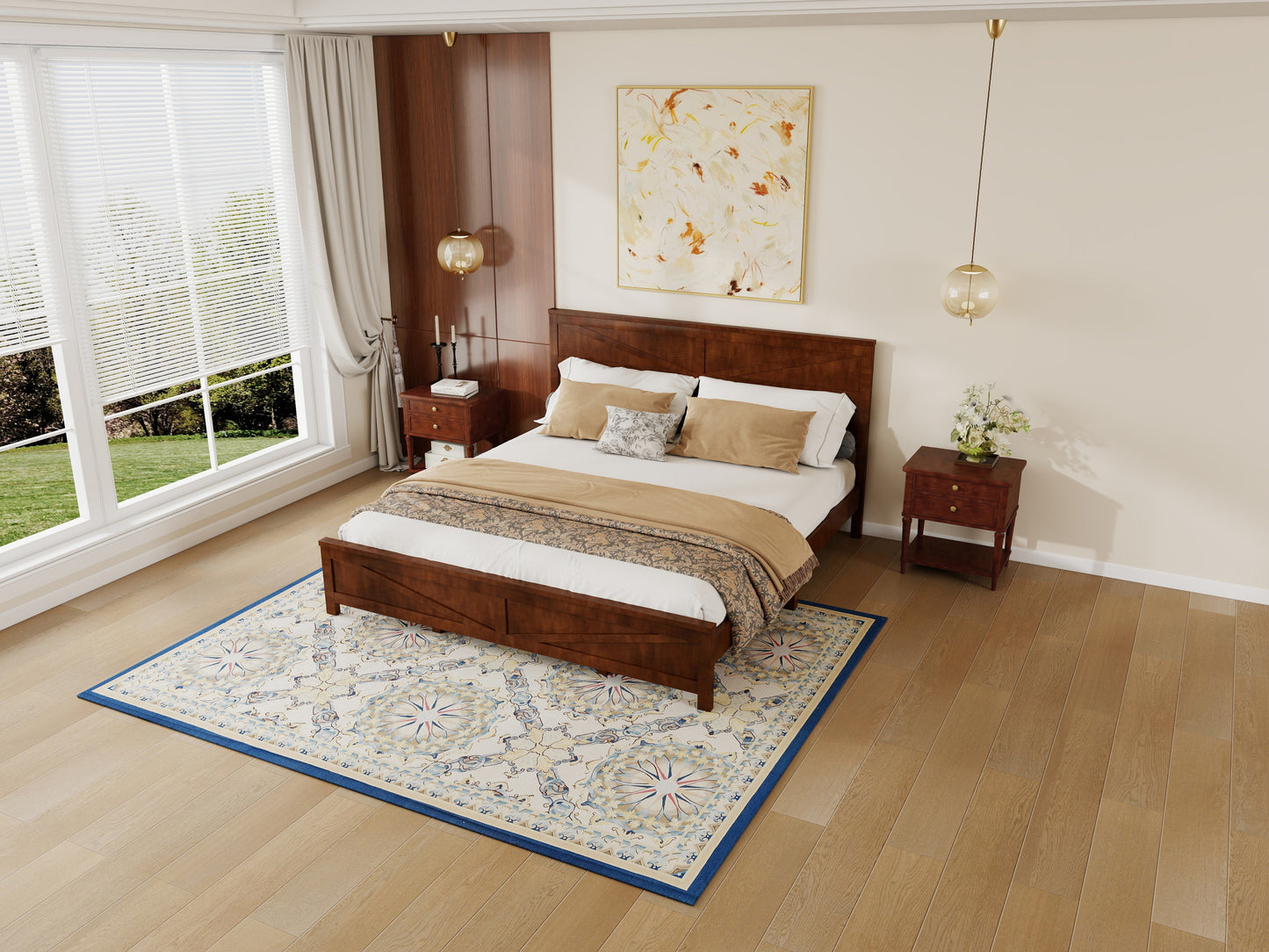 Farmhouse walnut king bed frame in bedroom with wood paneled wall