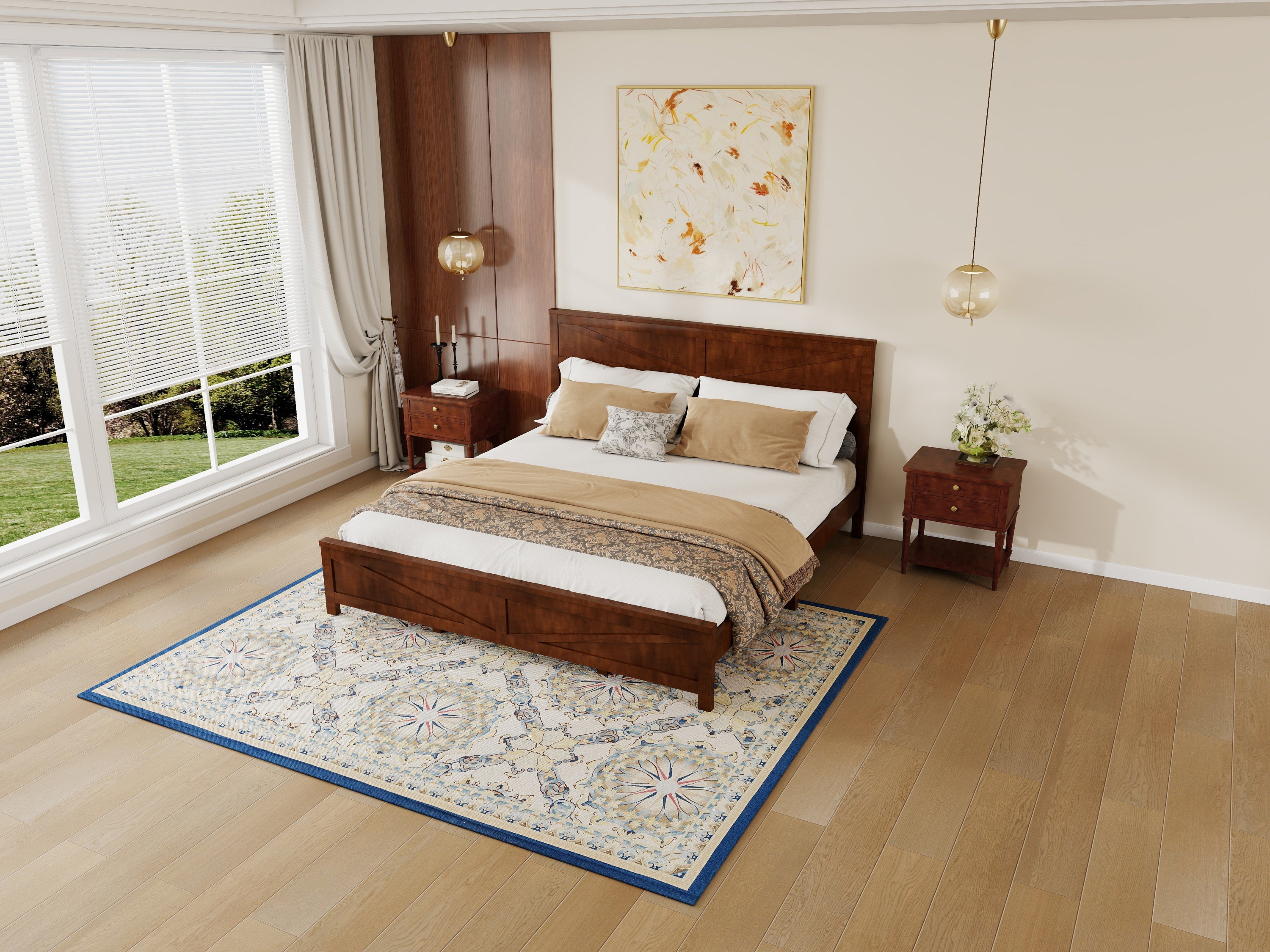 Farmhouse walnut king bed frame in bedroom with wood paneled wall