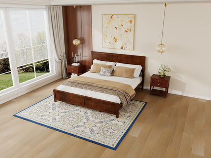 Farmhouse walnut king bed frame in bedroom with wood paneled wall