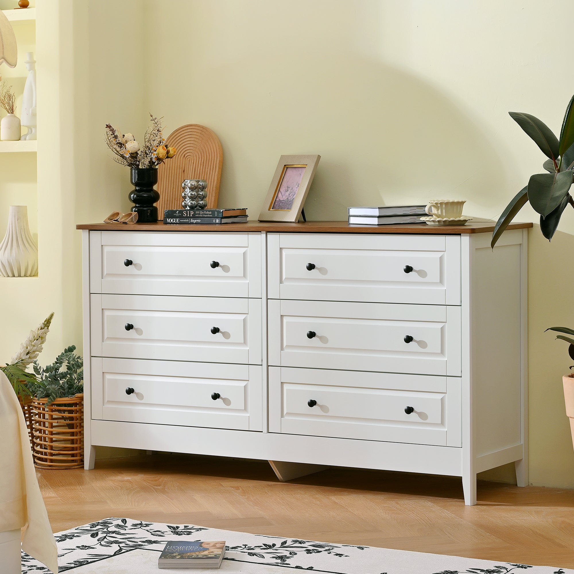 White 6-Drawer Dresser, 55.5 Inches Wide