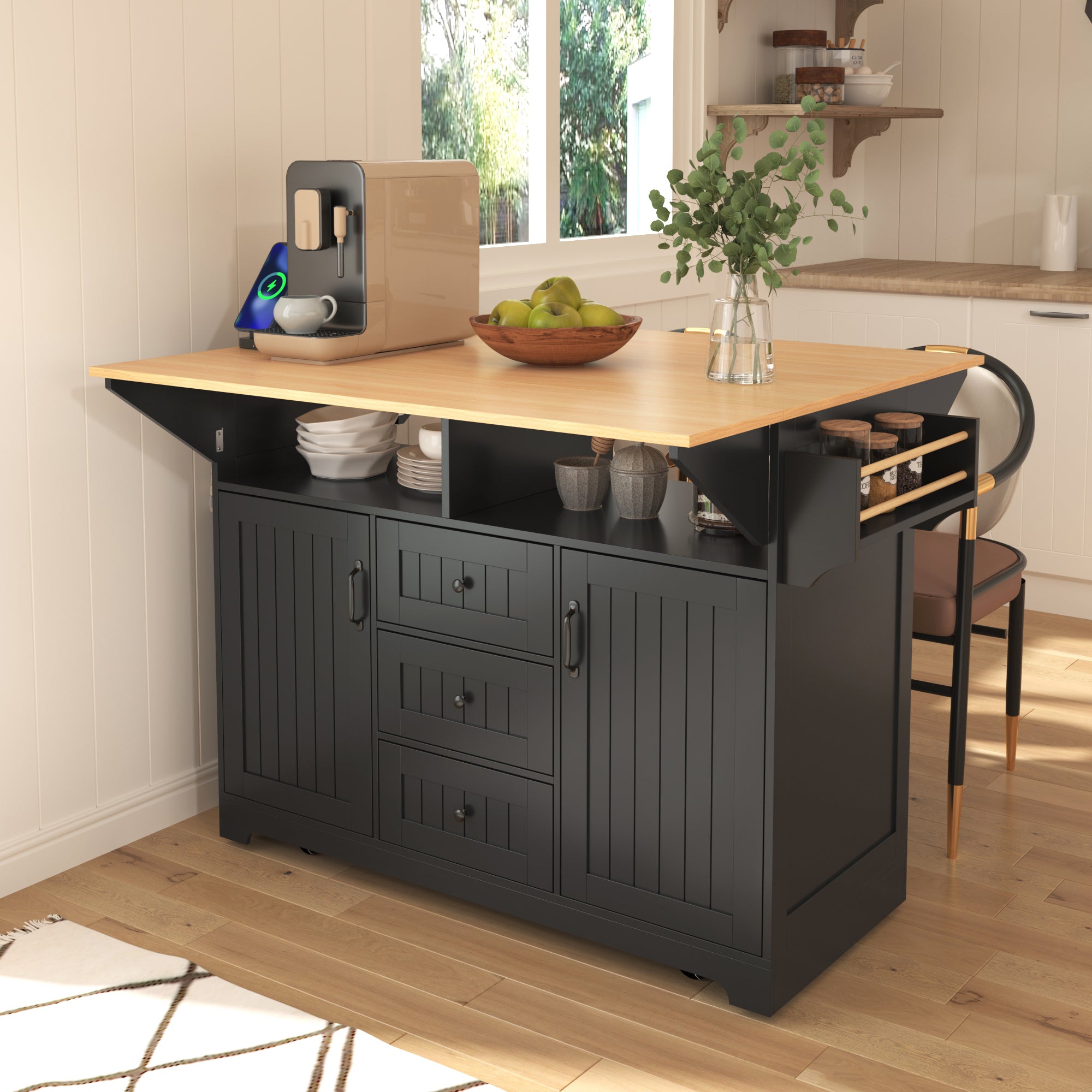 55.7'' Kitchen Island, Black with Dual Drop-Leaf & 3 Drawers