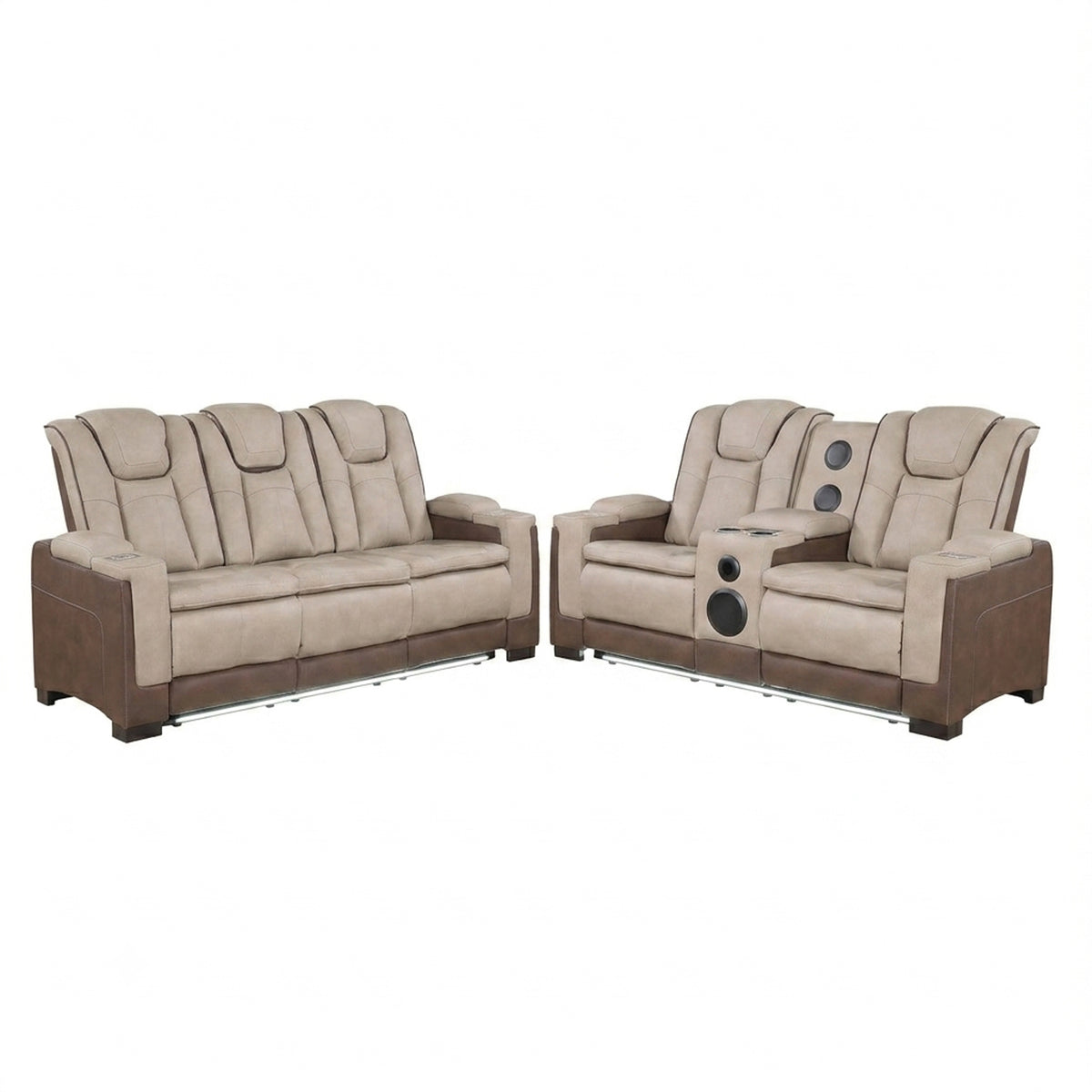 Brown Vegan Leather Power Reclining Sofa and Loveseat Set, Square Arms