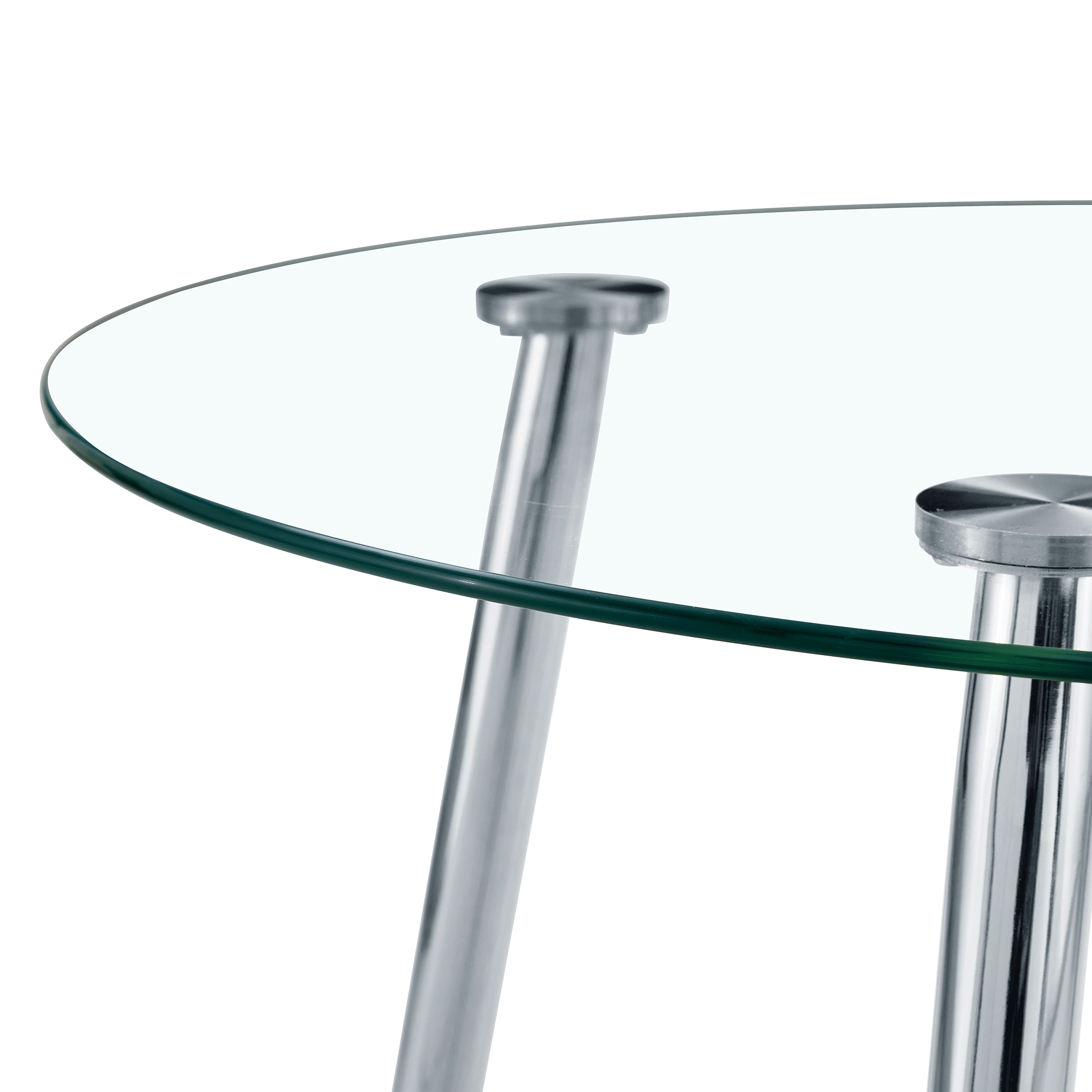 Close-up of the round glass tabletop edge with two brushed metal suction-cup leg tops
