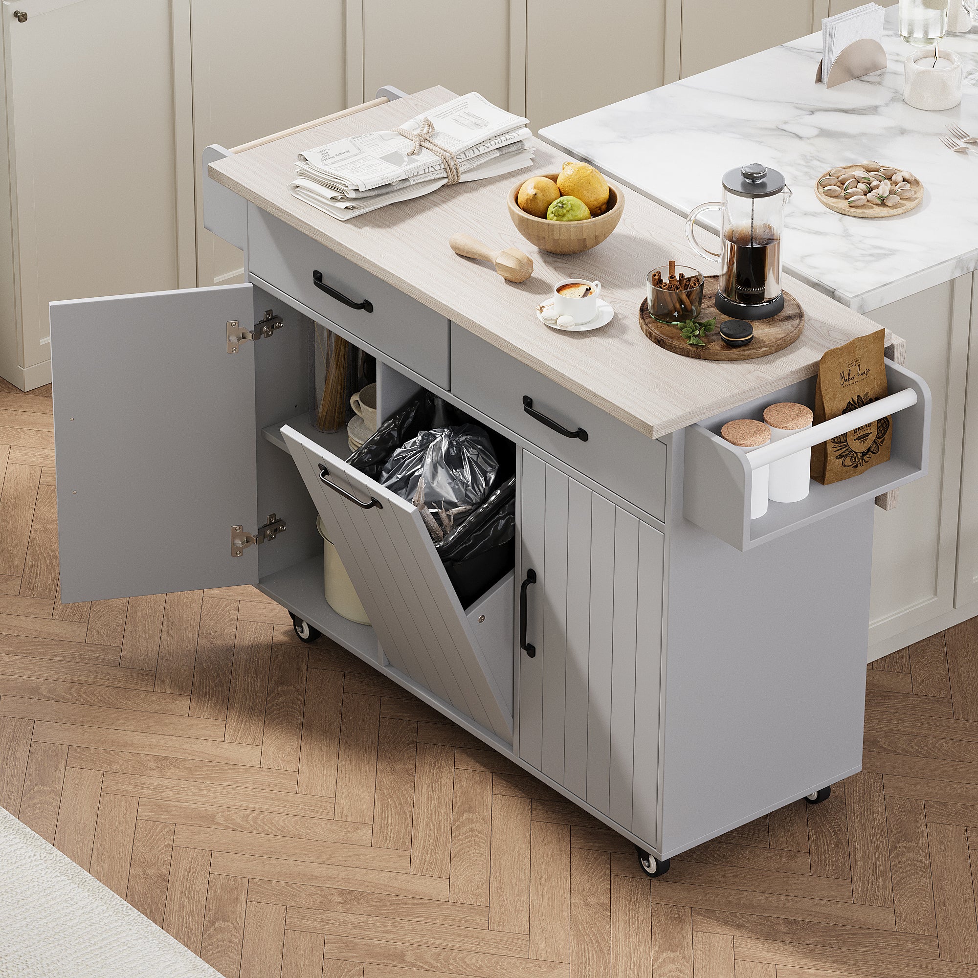 Kitchen Island with Tilt-Out Trash Cabinet, Grey, Drop-Leaf Cart
