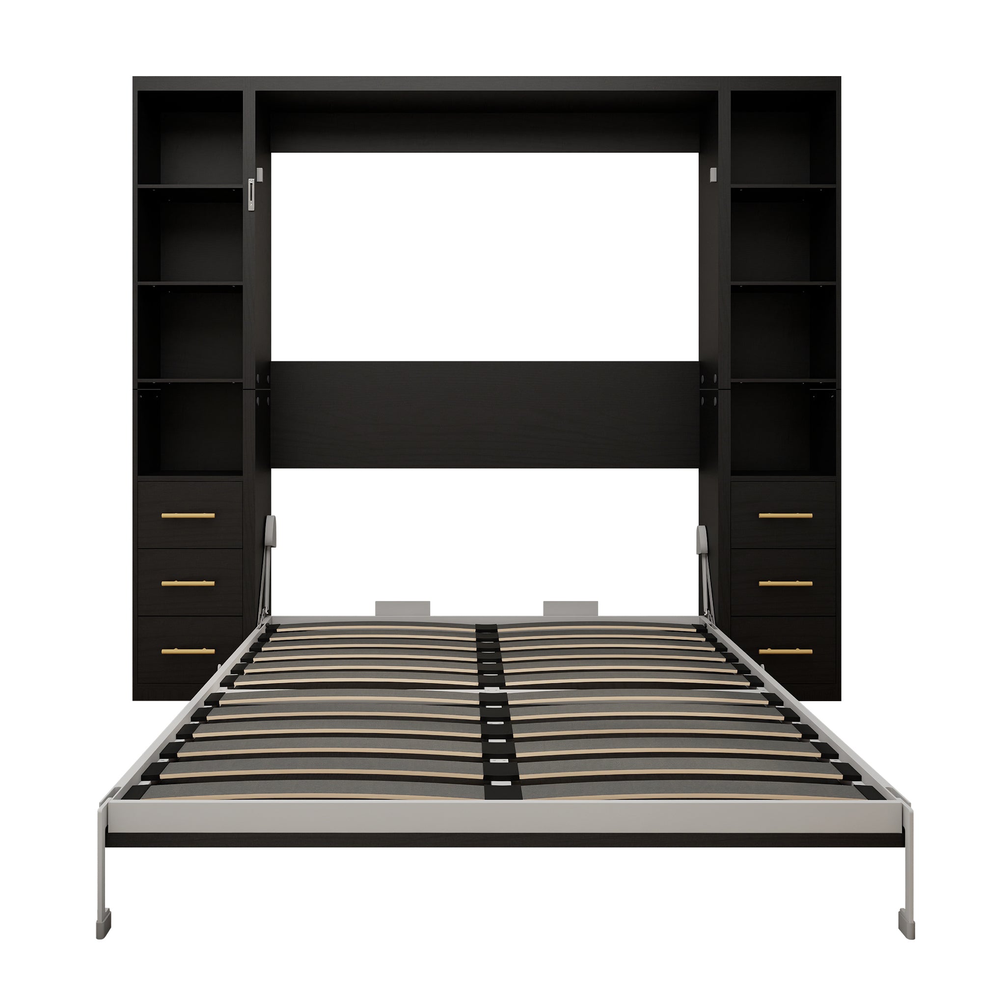 Queen Foldable Wall Bed with Desk and Storage Cabinets, Black