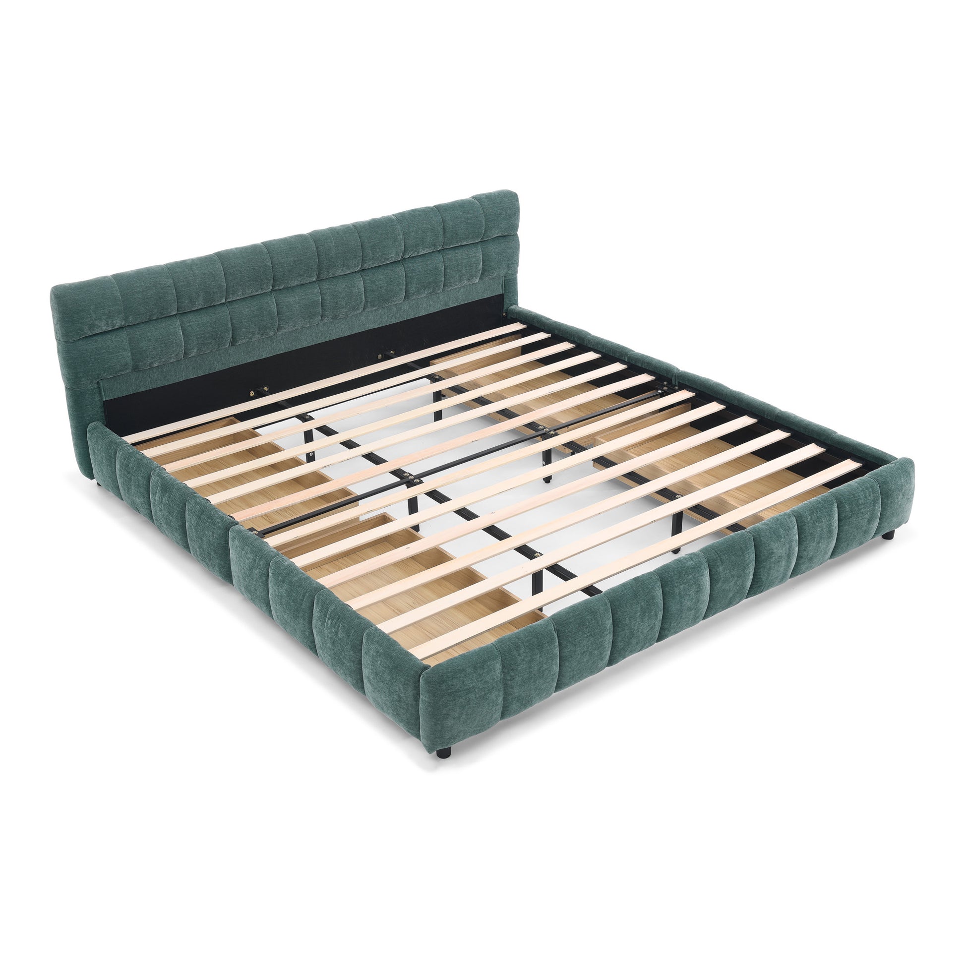 Blue-green chenille bed frame with wood slats, angled white background view